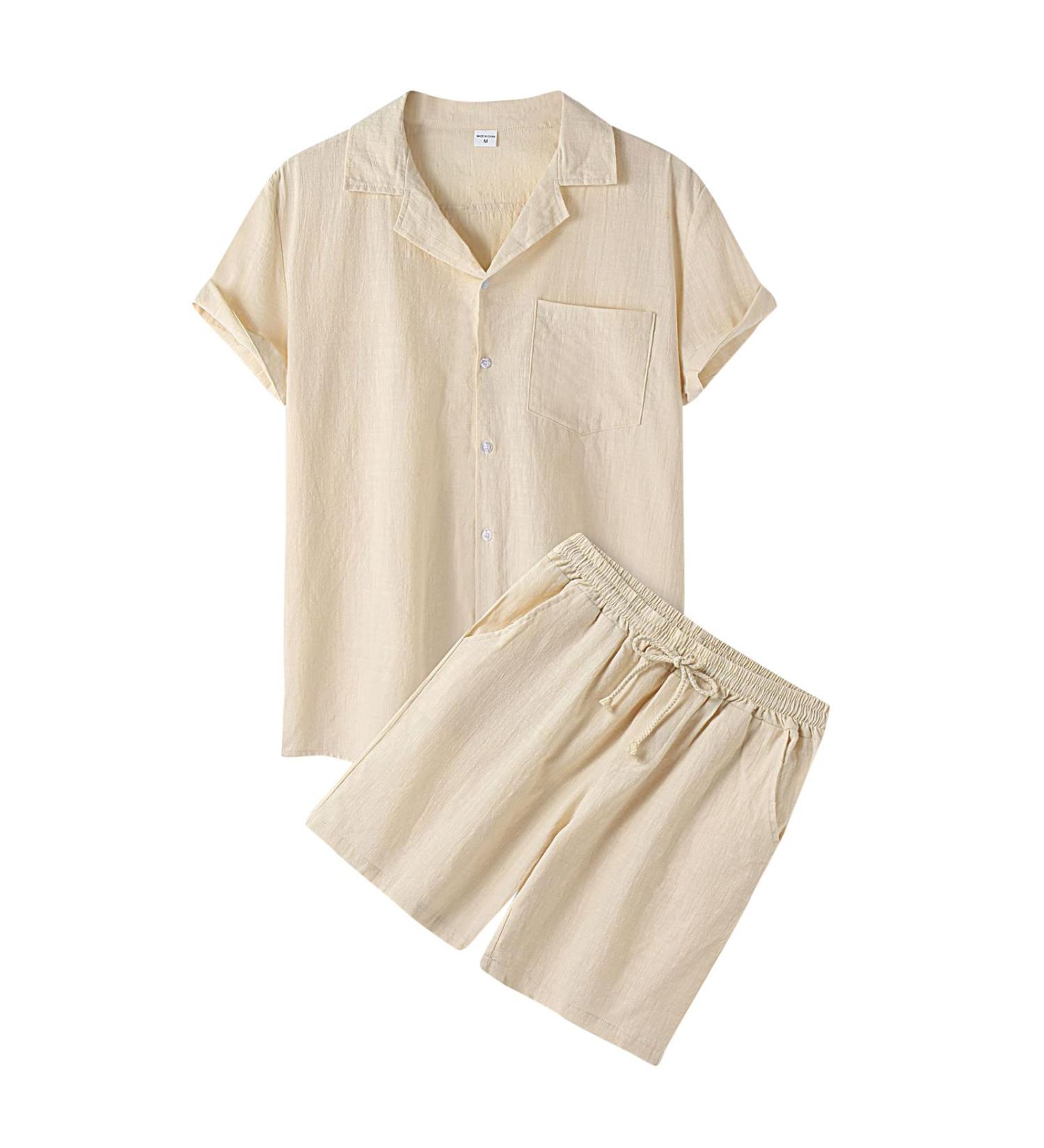 GXLONG Men's Casual Cotton Linen 2 Piece Pajama Set - Short Sleeve Shirt & Drawstring Shorts | Loungewear & Beach Yoga Outfit | XX-Large, Khaki - Buy Online on GoSupps.com