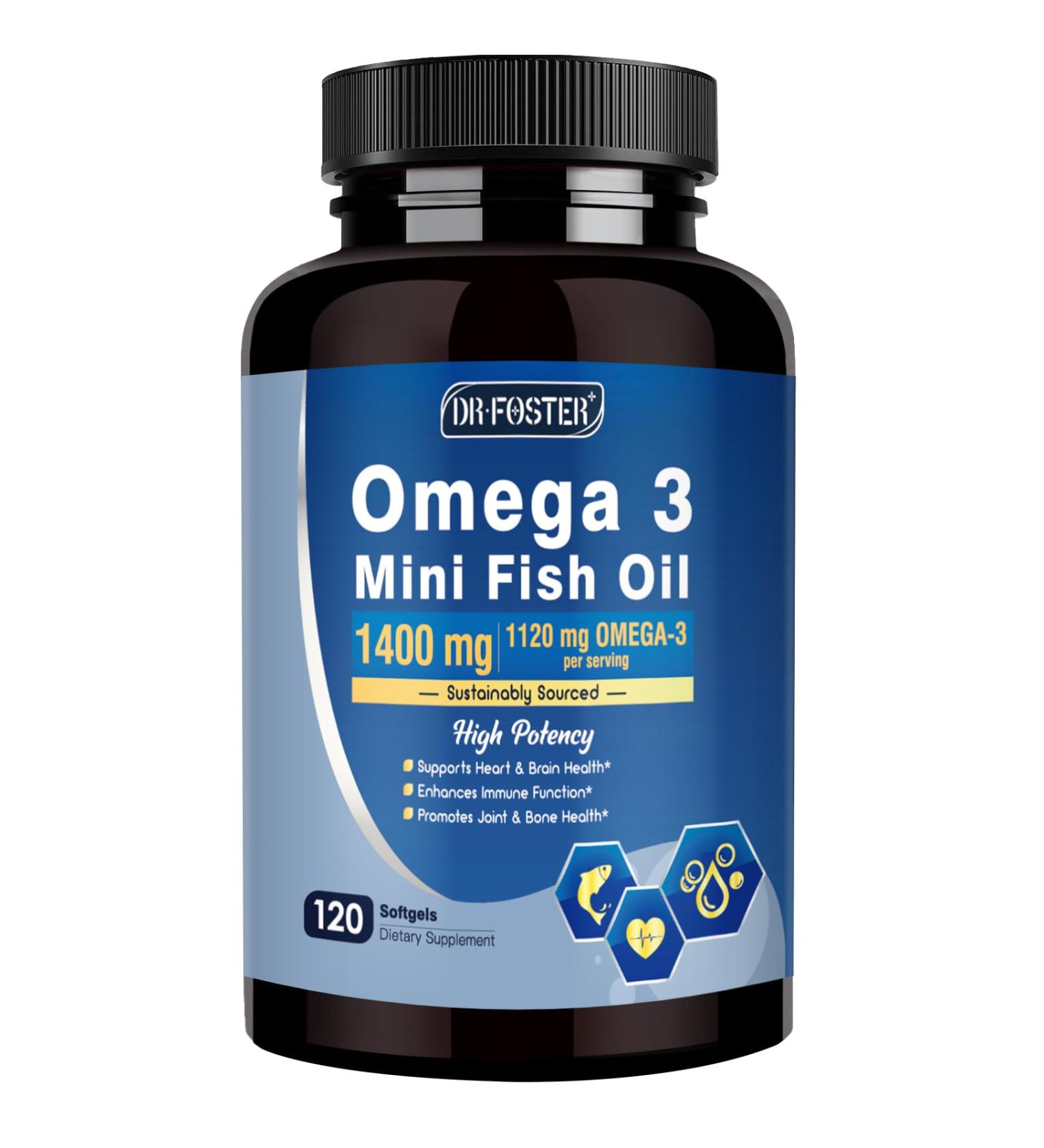 Omega-3 Fish Oil Mini Softgels 1120mg Omega 3 with DHA + EPA Burpless Easy-to-Swallow Supports Heart Brain & Eye Health with Vitamin D3 & E Wild-Caught Non-GMO 120 Softgels 120 Count (Pack of 1) - Buy Online on GoSupps.com