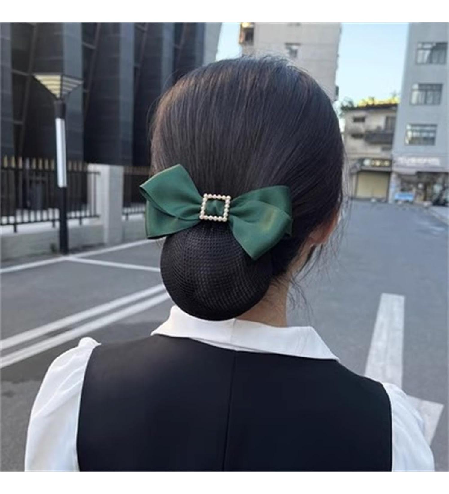 Women Bun Net Women's Bow Hair Clip Bank Crew Hair Mesh(Green Style 2)