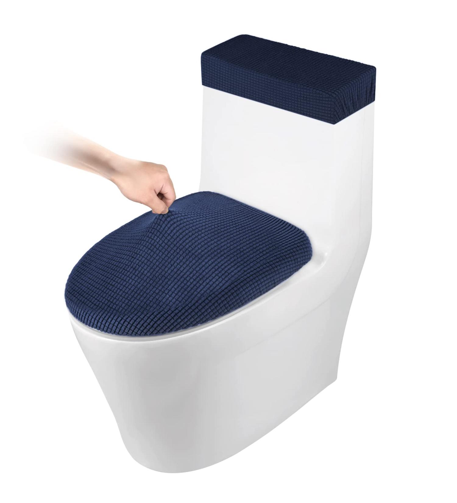 Stretch Toilet Cover Set - Navy Blue, Machine Washable Polyester Spandex Fabric - Buy Online on GoSupps.com