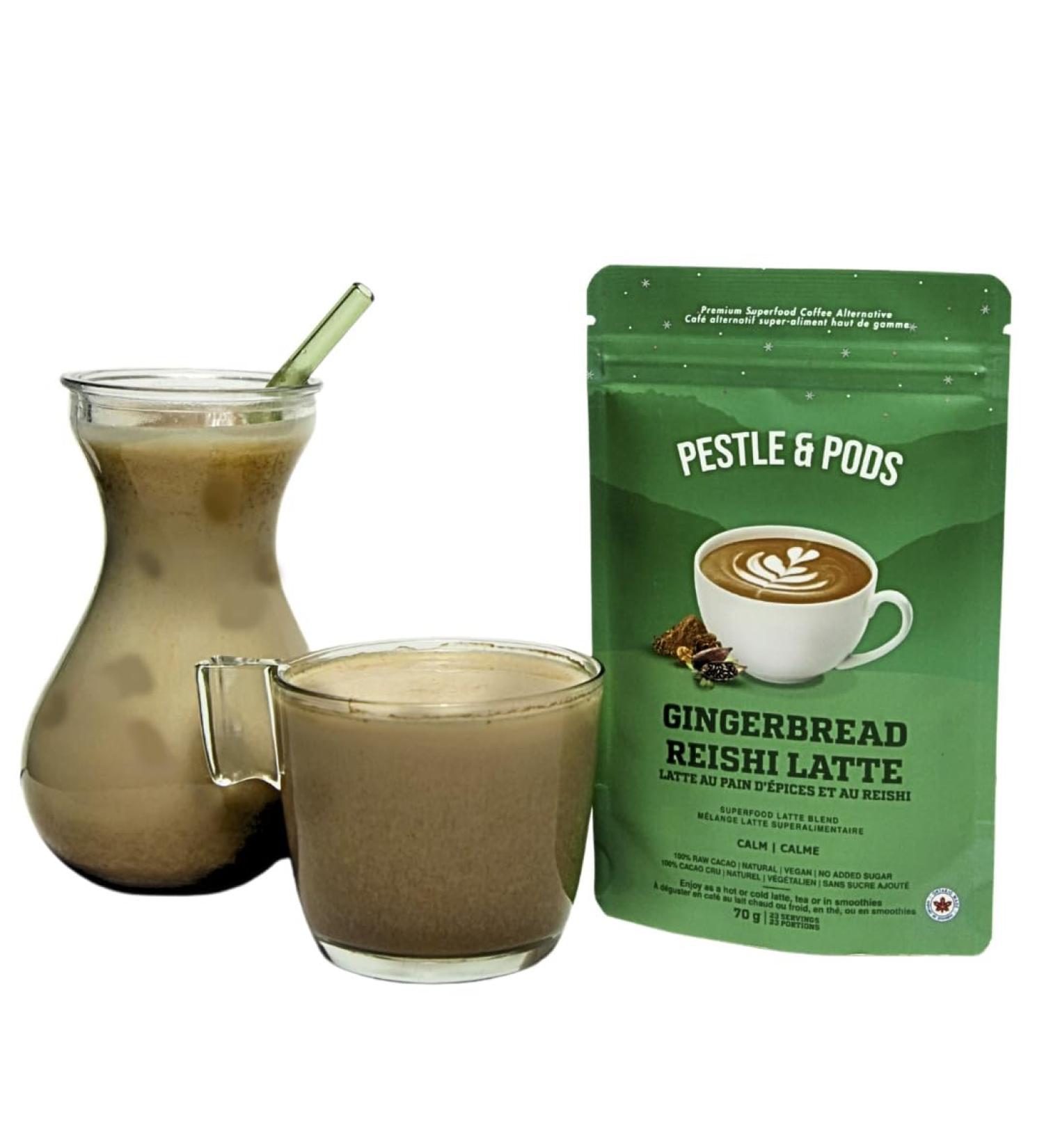 Pestle and Pods GingerBread Reishi Latte and 100% Organic Raw Cacao Reishi Mushroom Ginger Cinnamon Ingredients Coffee Alternative No Added Sugar Vegan & Calming effects from Reishi Unsweetened 23 servings - 70g - Buy Online on GoSupps.com