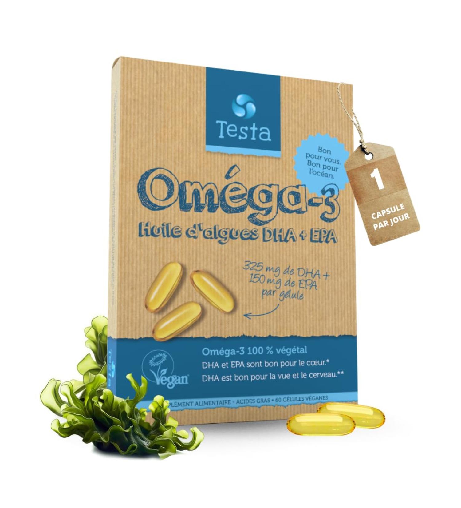 Omega 3 Vegan - High Concentration Algae Oil - 325mg DHA + 150mg EPA per capsule - Beneficial for the Heart Brain and Eyes - 100% Vegetable - 60 Capsules (2 Months) - Buy Online on GoSupps.com