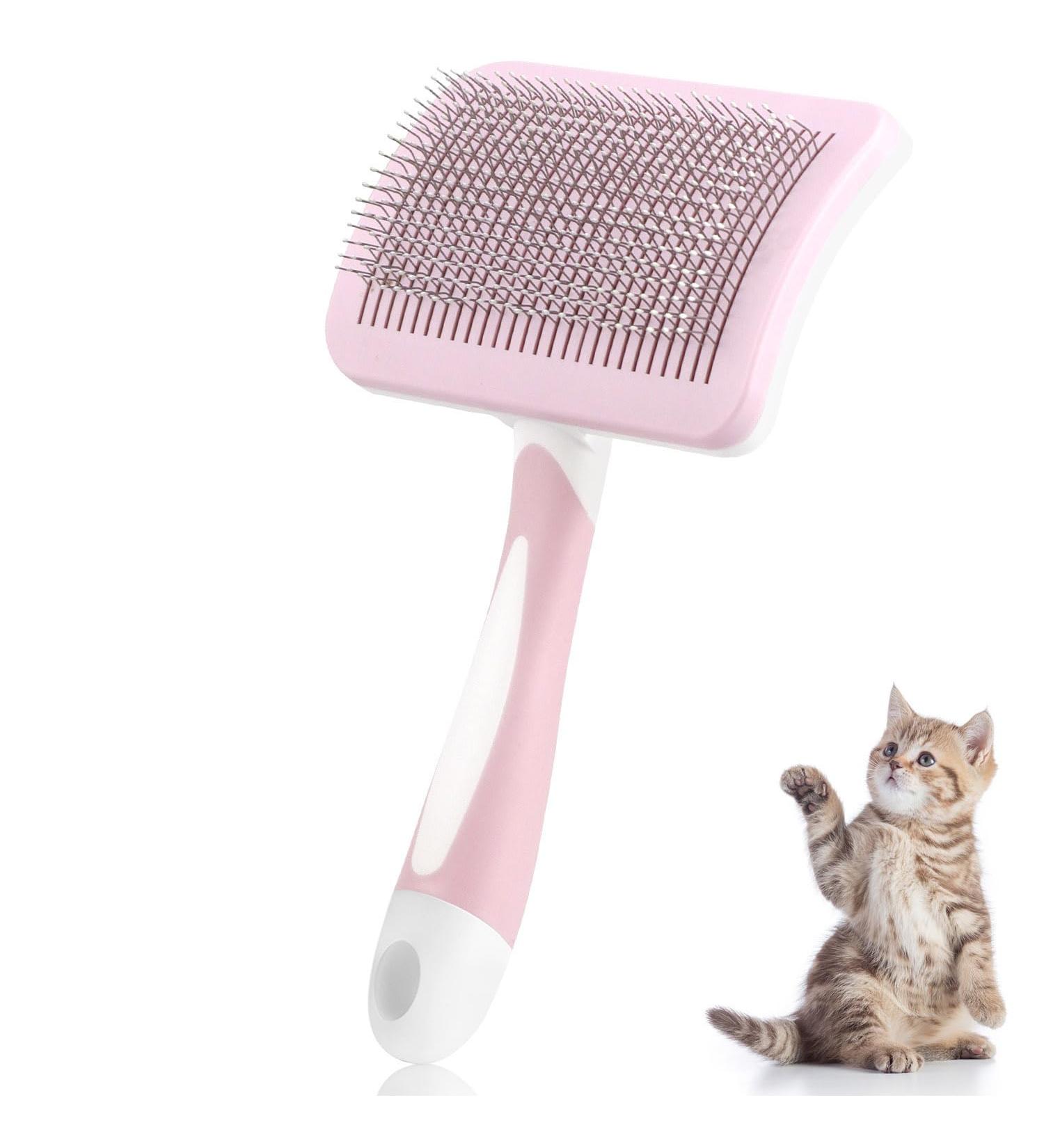 Self-Cleaning Cat Brush for Short-Haired Cats | Pet Grooming Brush with Grip - Ideal for Long & Short Hair (Pink) - Buy Online on GoSupps.com