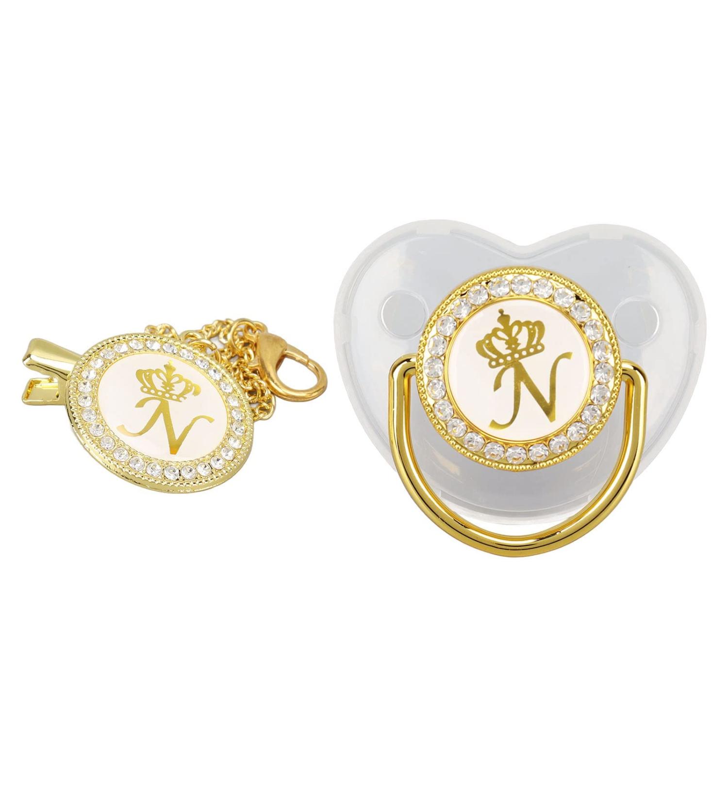 Personalized Bling Baby Pacifier Set | Golden Letter Pacifier & Clip | Custom Silicone Nipple for Infants - Buy Online on GoSupps.com