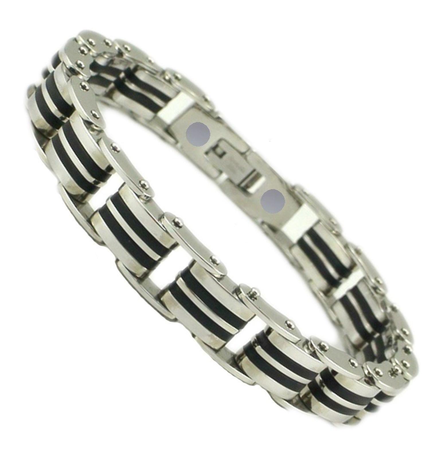 Black Stripe Magnet Link Bracelet Energetix 4you 2140 Magnetic Bracelet Black Silver Stainless Steel Rubber XL/XXL (approx. 22 cm)