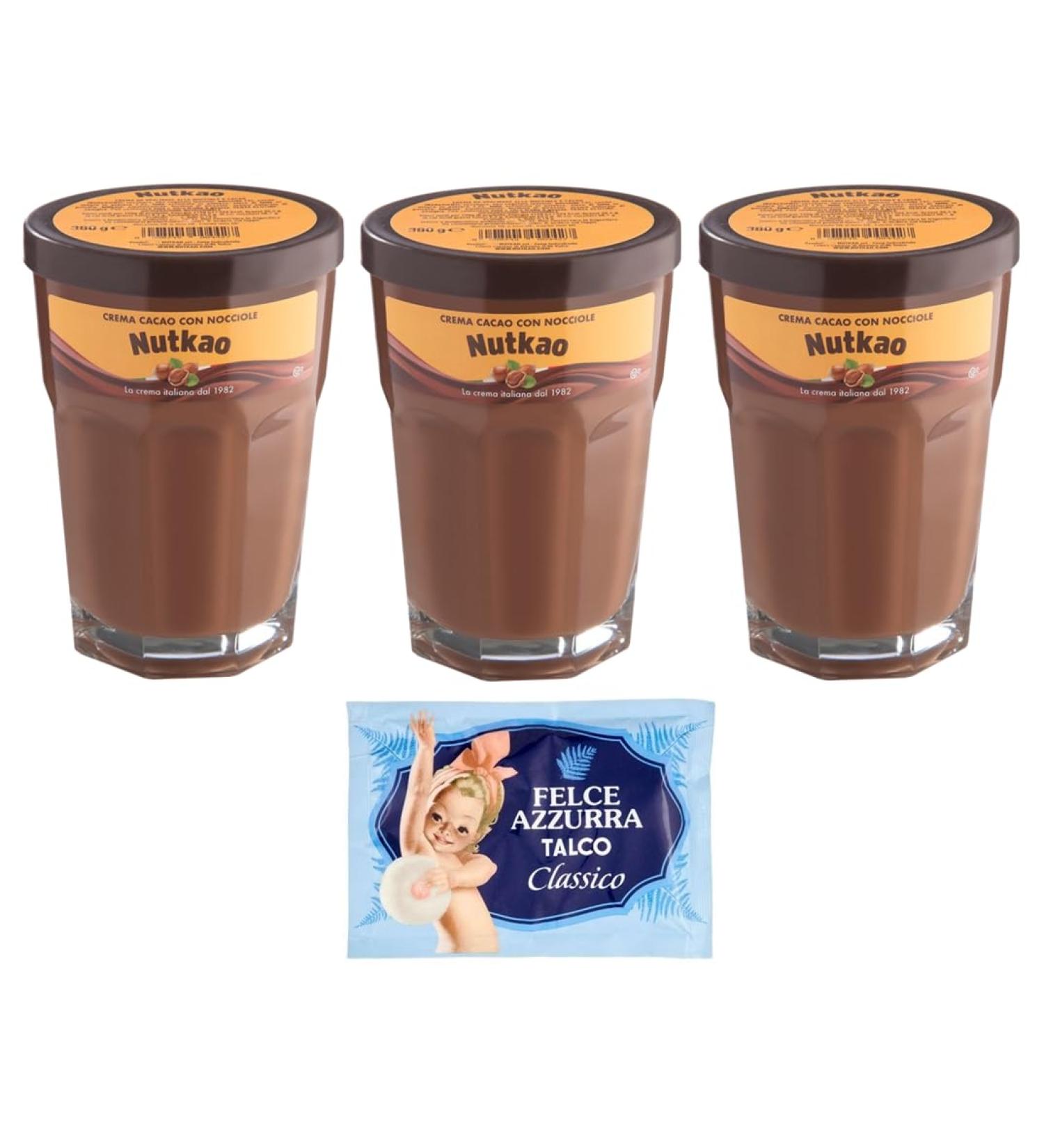 Nutkao Crema Cacao con Nocciole Lot de 3 cr mes tartiner au cacao aux noisettes cr me italienne pot de 330 g + 1 sachet de talc Felce Azzurra gratuit 100 g - Buy Online on GoSupps.com