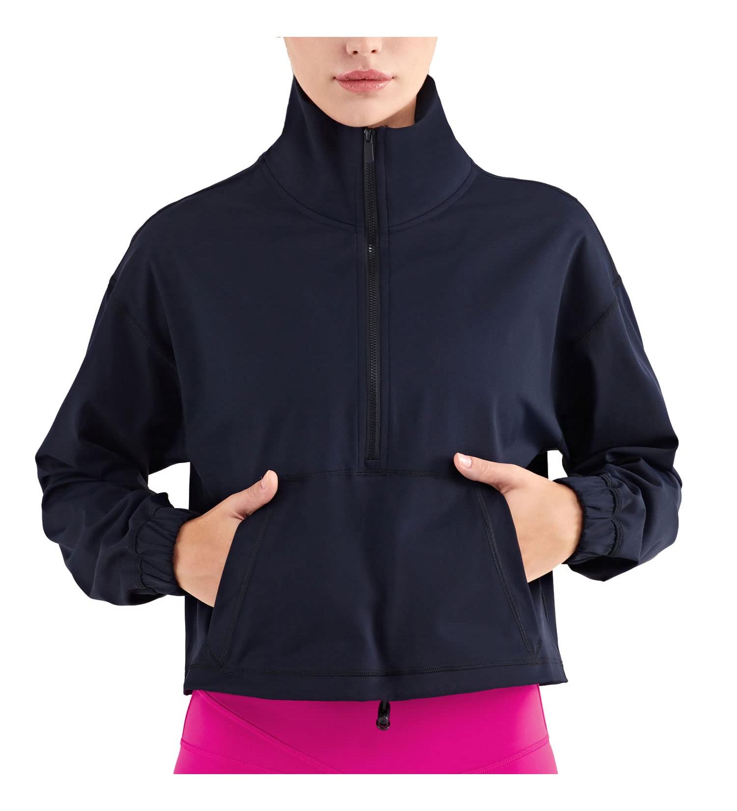 Altiland Women's Black Half Zip Cropped Jacket - Medium | Long Sleeve Workout Athletic Running Yoga Shirt - Buy Online on GoSupps.com