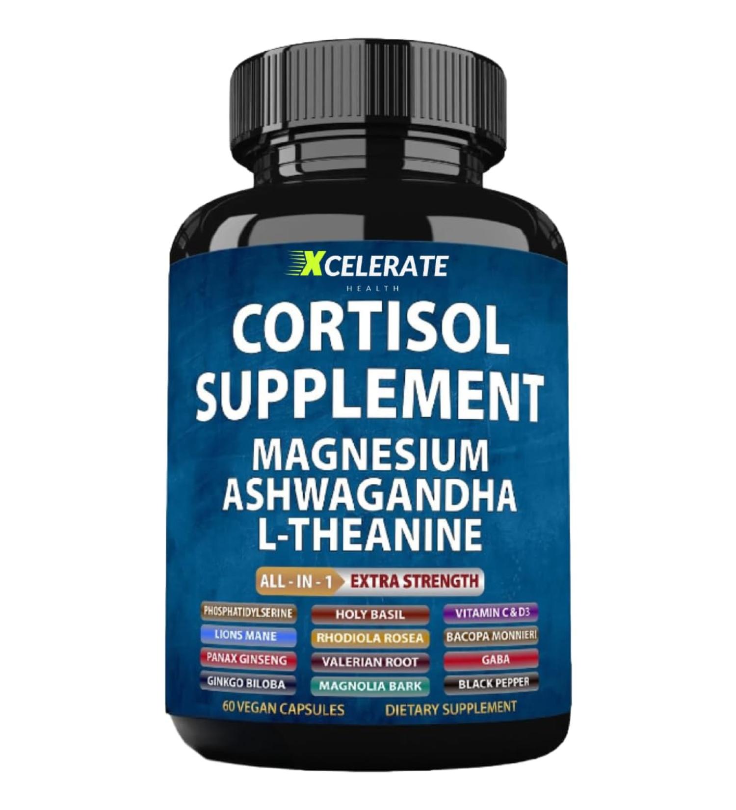 Cortisol Capsules Magnesium Ashwagandha, L-Theanine, Lions Mane, Holy Basil, Ginkgo Biloba, Rhodiola Rosea Bacopa Monnieri GABA, Panax Ginseng Valerian Root Magnolia Bark (Label May Vary) Supplement - Buy Online on GoSupps.com