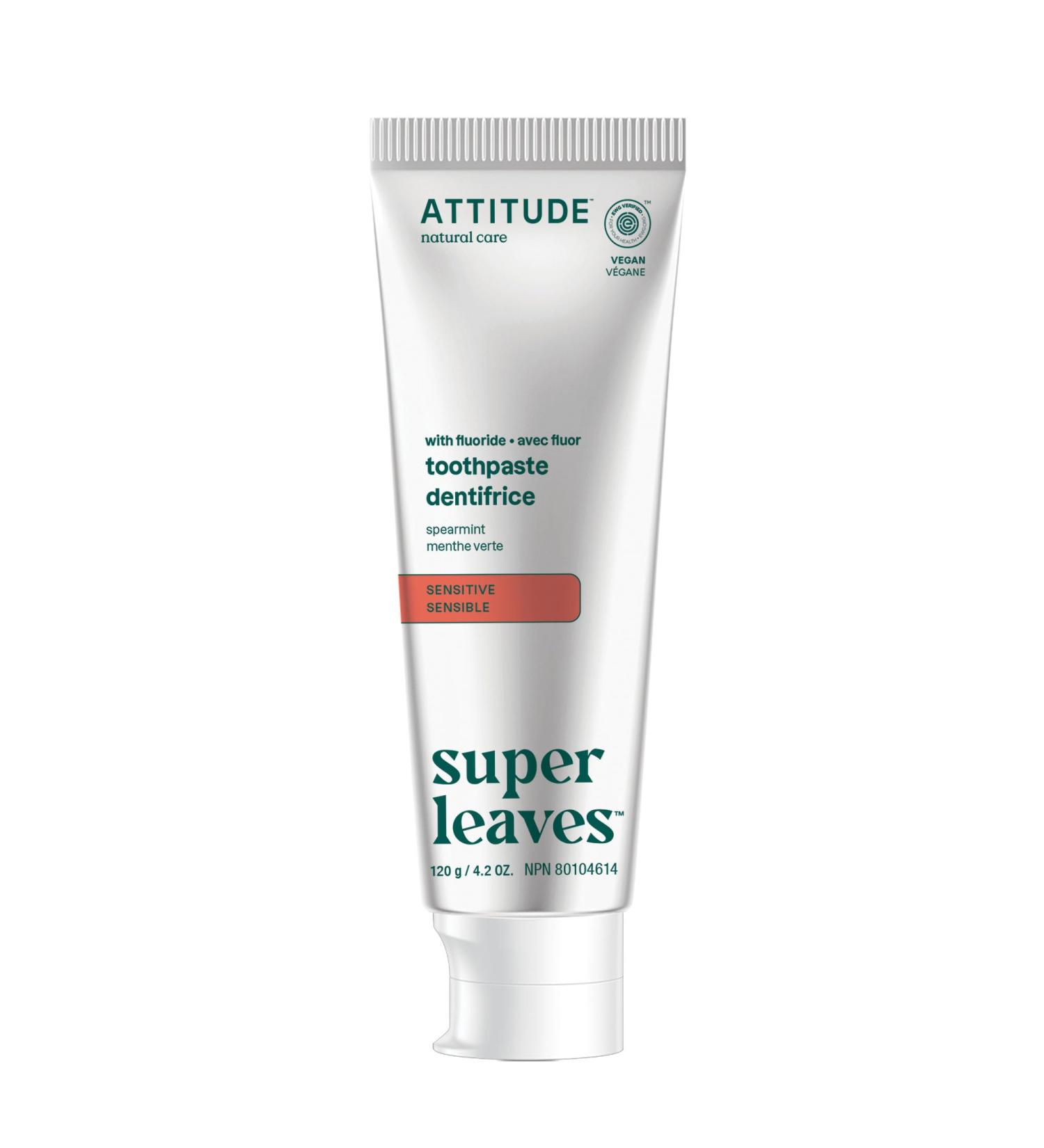 Attitude Sensitive Toothpaste with Fluoride, Spearmint Flavor, Vegan & Cruelty-Free, Sugar-Free, Plant & Mineral-Based Ingredients, Clean Oral Care, 4.2 Oz - Buy Online on GoSupps.com