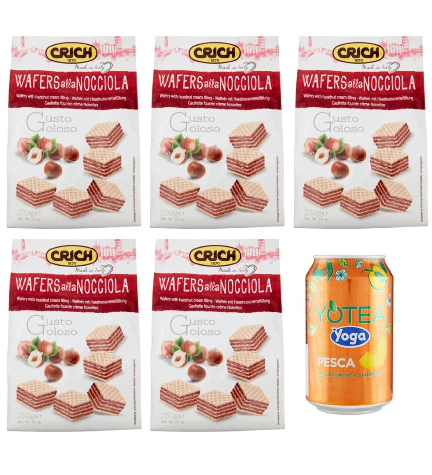 Crich Wafers with Hazelnut Cream 5 Pack Sweet Biscuits with Hazelnut Cream 250g Bag + 1 Can of Peach Yoga Iced Tea 330ml - Buy Online on GoSupps.com