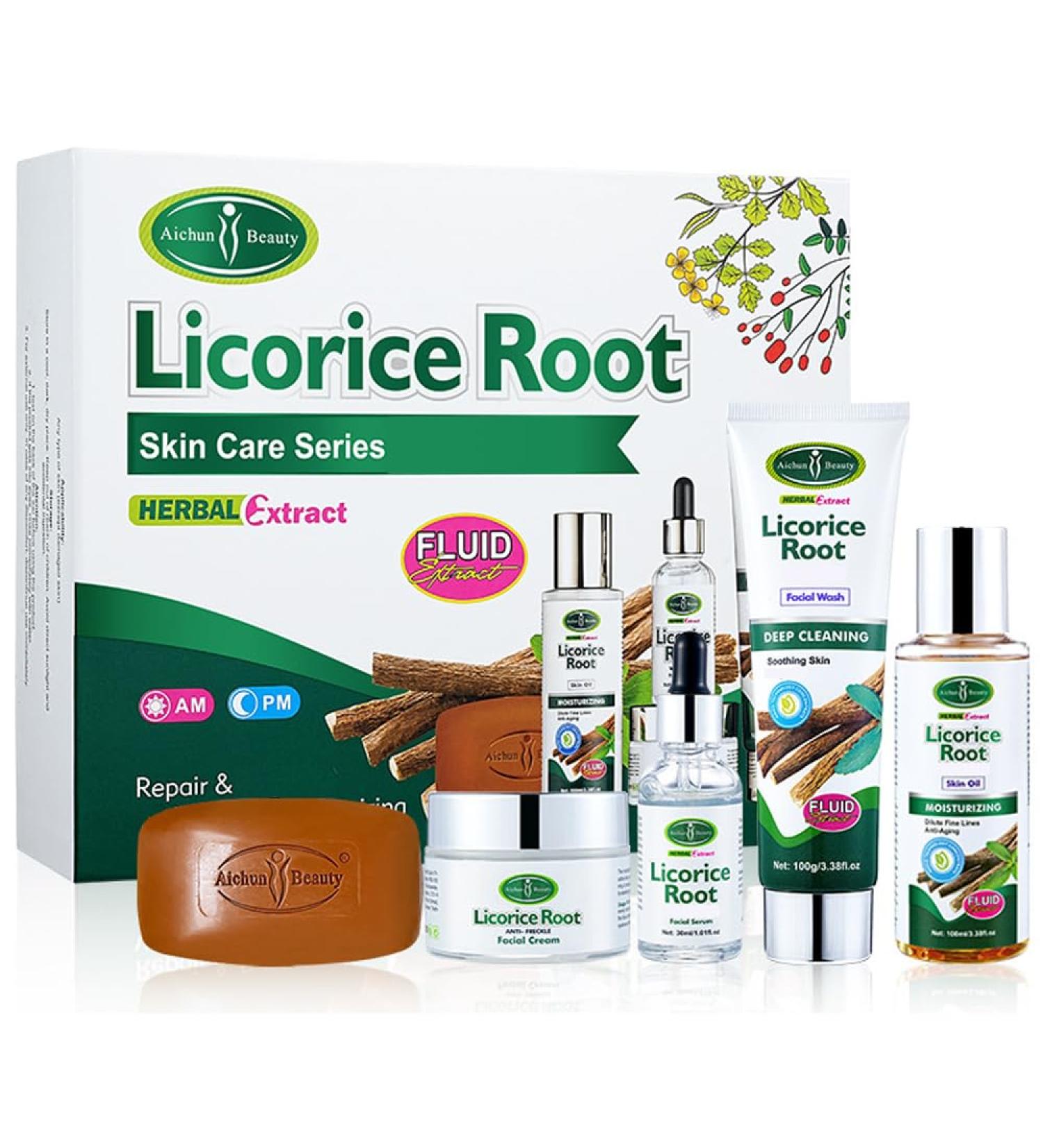 Aichun Beauty Licorice Root Skin Care Series Set Herbal Extract Repair Mositurizing Anti-Aging Deep Cleansing Soothing Facial Serum Cream Skin Oil Face Wash 5pcs - Buy Online on GoSupps.com