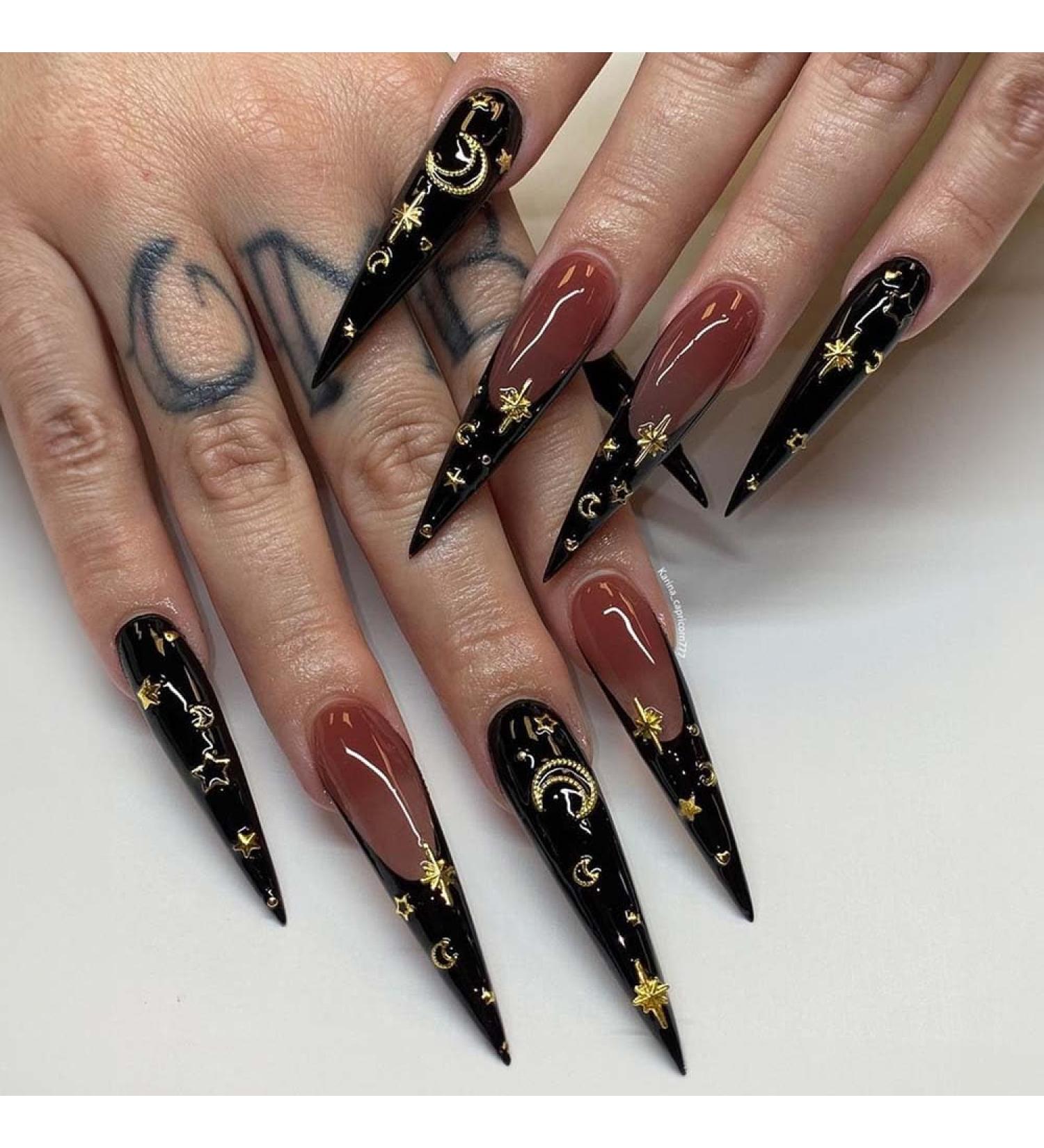 Buy Black Press on Nails - Long Stiletto French Tip with Gold Moon Star Design | 24 Pcs Acrylic Fake Nails for Weddings & Manicure - Buy Online on GoSupps.com