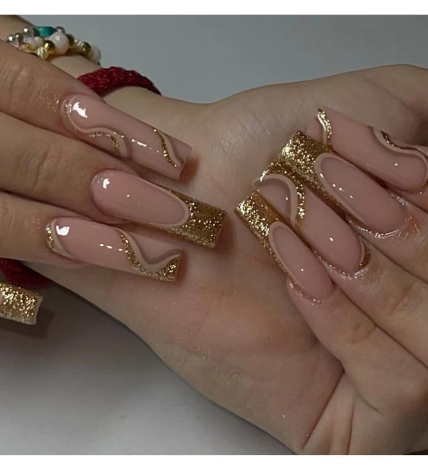 Gold Brown Wave Coffin Press-on Nails - Long Full Cover False Nails for Women - Buy Online on GoSupps.com