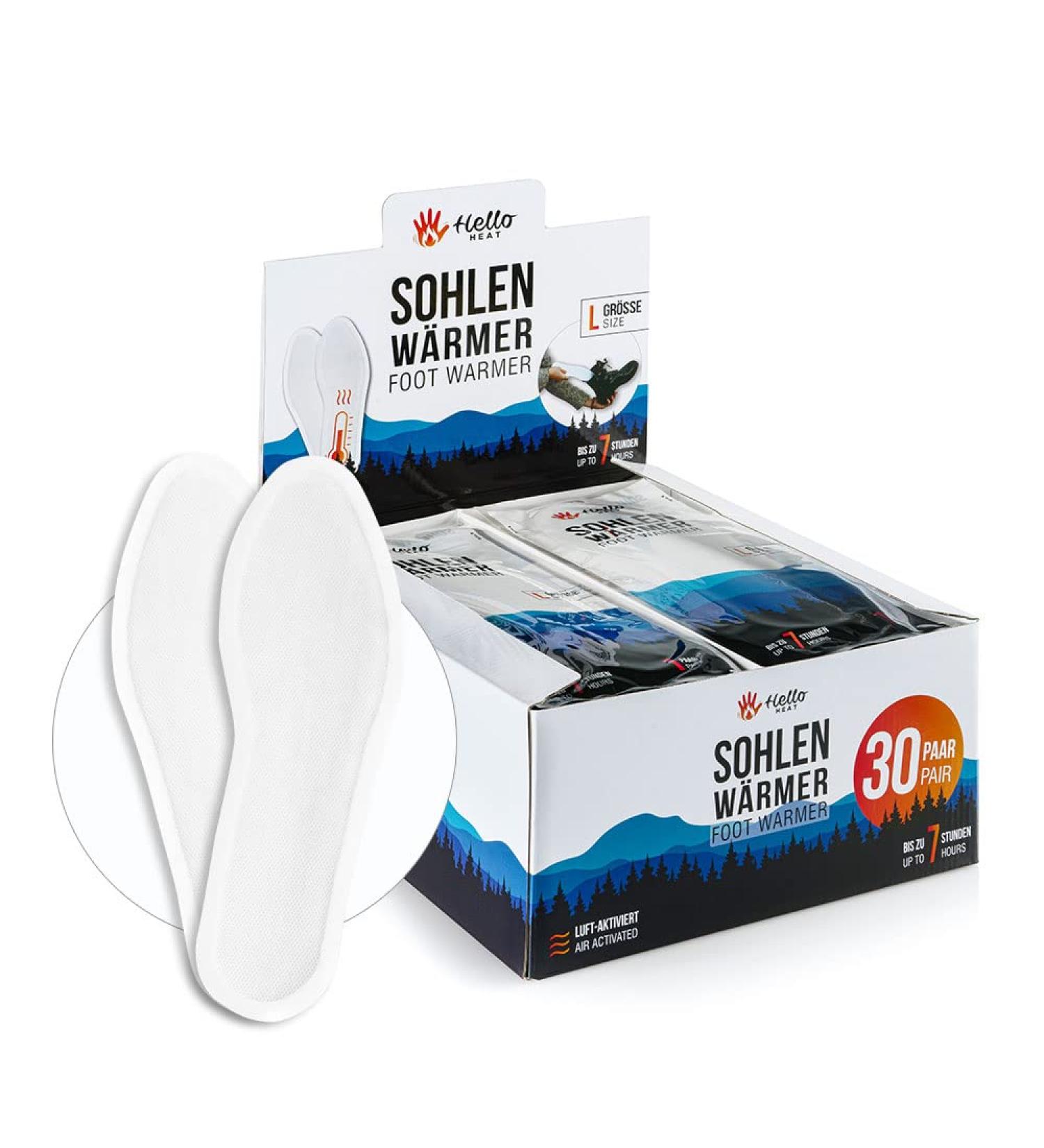 Hello Heat Warm Packs - 5 10 30 Pairs of Shoe Warmers | Instant Heating Insoles for Sizes S & L (36-40 41-45) | 7-Hour Foot Warmers for Boots & Ski Shoes - Buy Online on GoSupps.com