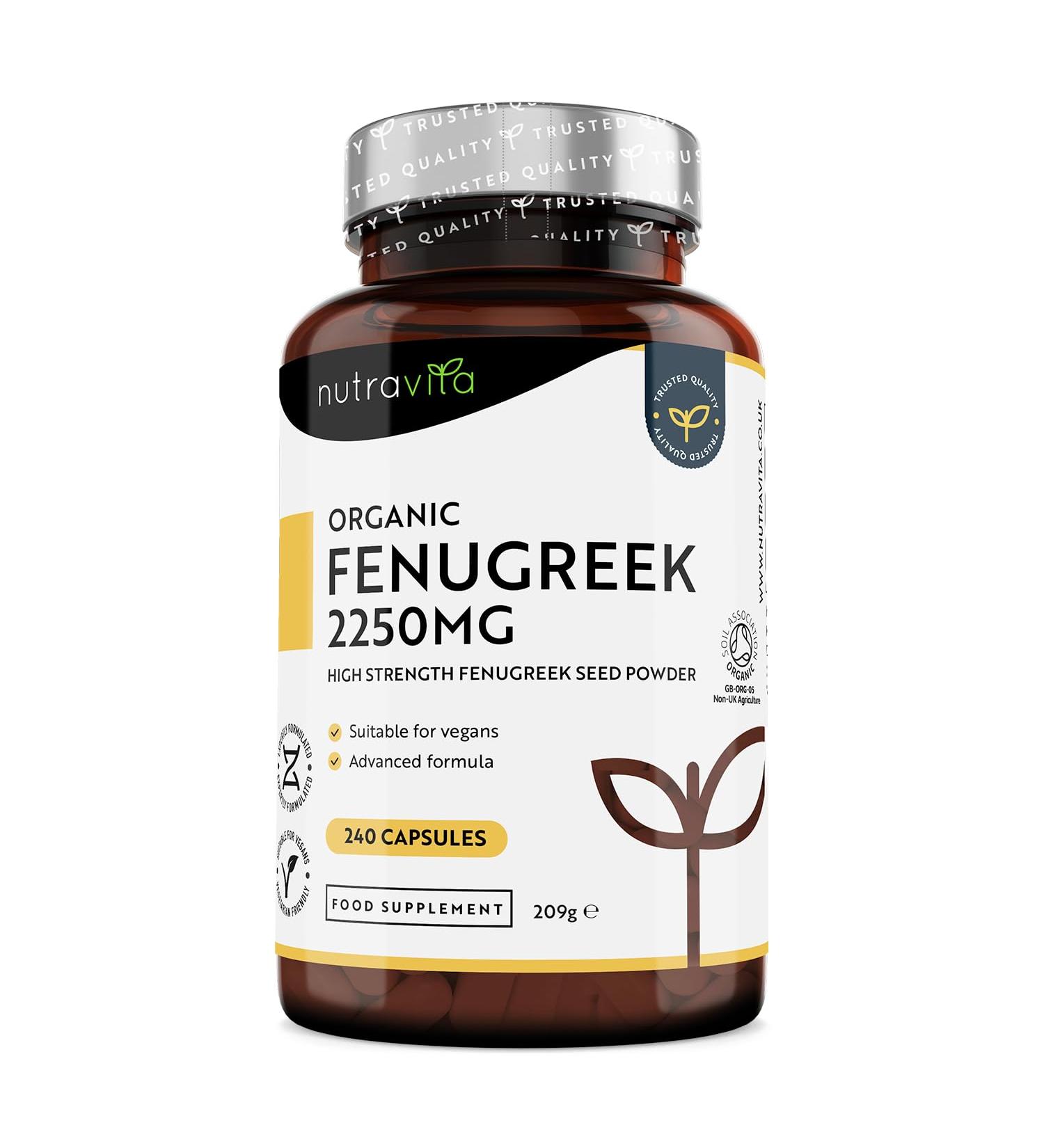 Fenugreek Bio 2250mg per dose of 3 Capsules Up to 8 Months Supply - 240 Fenugreek Vegan Capsule - 1-3 Capsules per Day Food Supplement Made in England - Nutravita - Buy Online on GoSupps.com