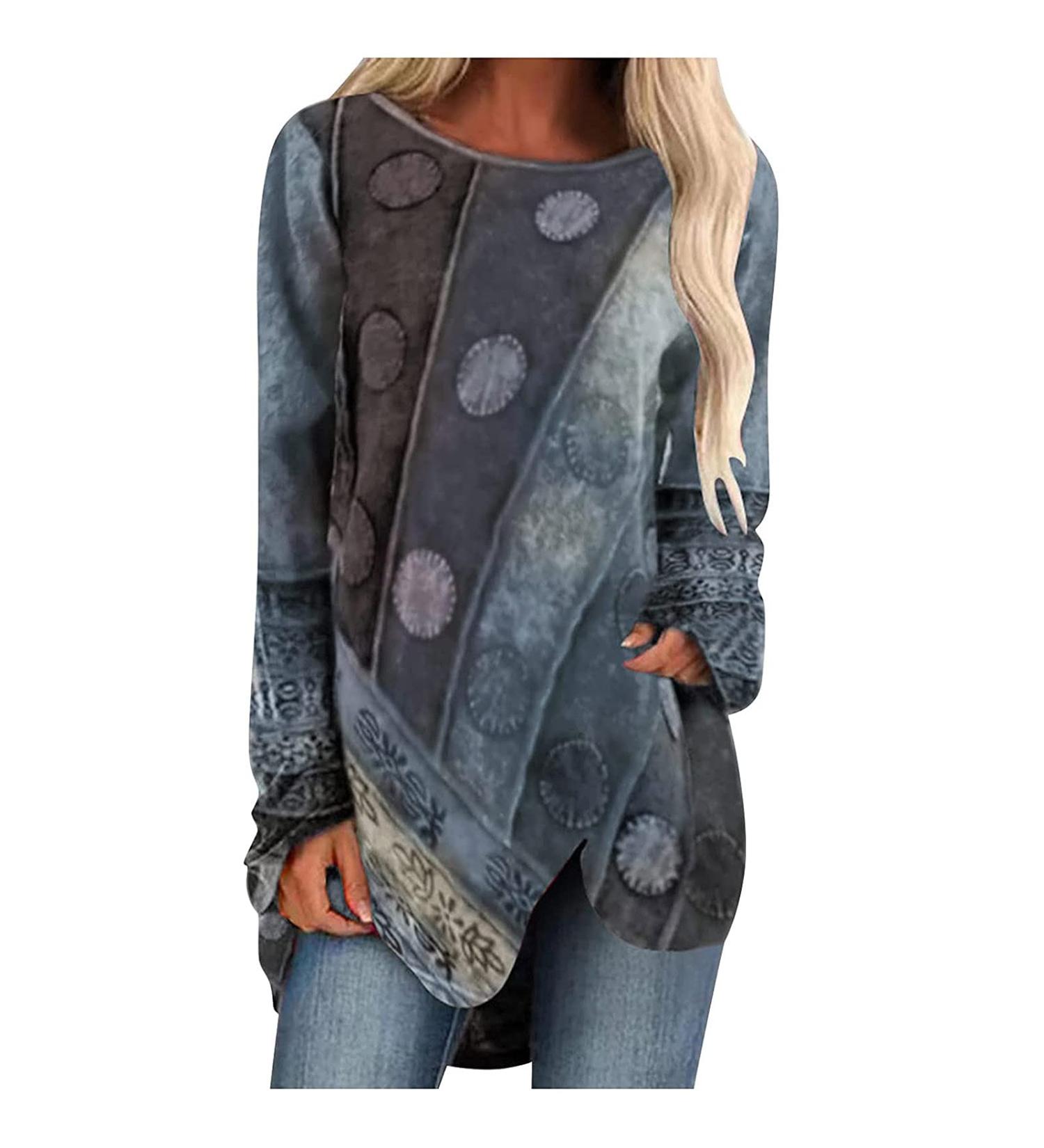Trendy Vintage Tie Dye Long Sleeve Shirt for Women - Oversize Loose Fit Irregular Hem Pullover Top - Buy Online on GoSupps.com