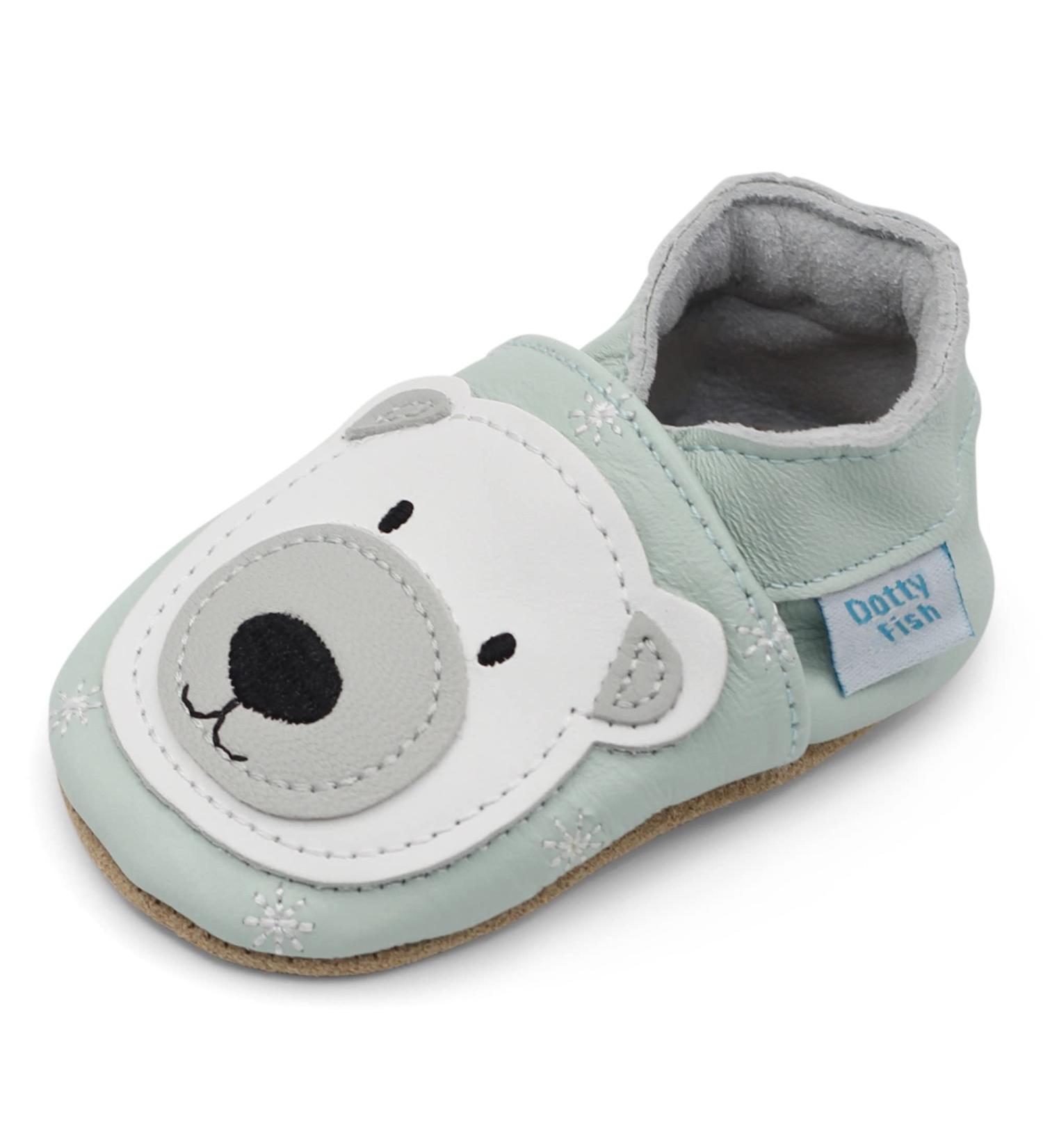 Dotty Fish Soft Leather Baby Shoes for Boys | Toddler Non-Slip Shoes | Animal Designs for Boys & Girls | 0-6 Months - 4-5 Years | Ice Blue Polar Bear - Buy Online on GoSupps.com