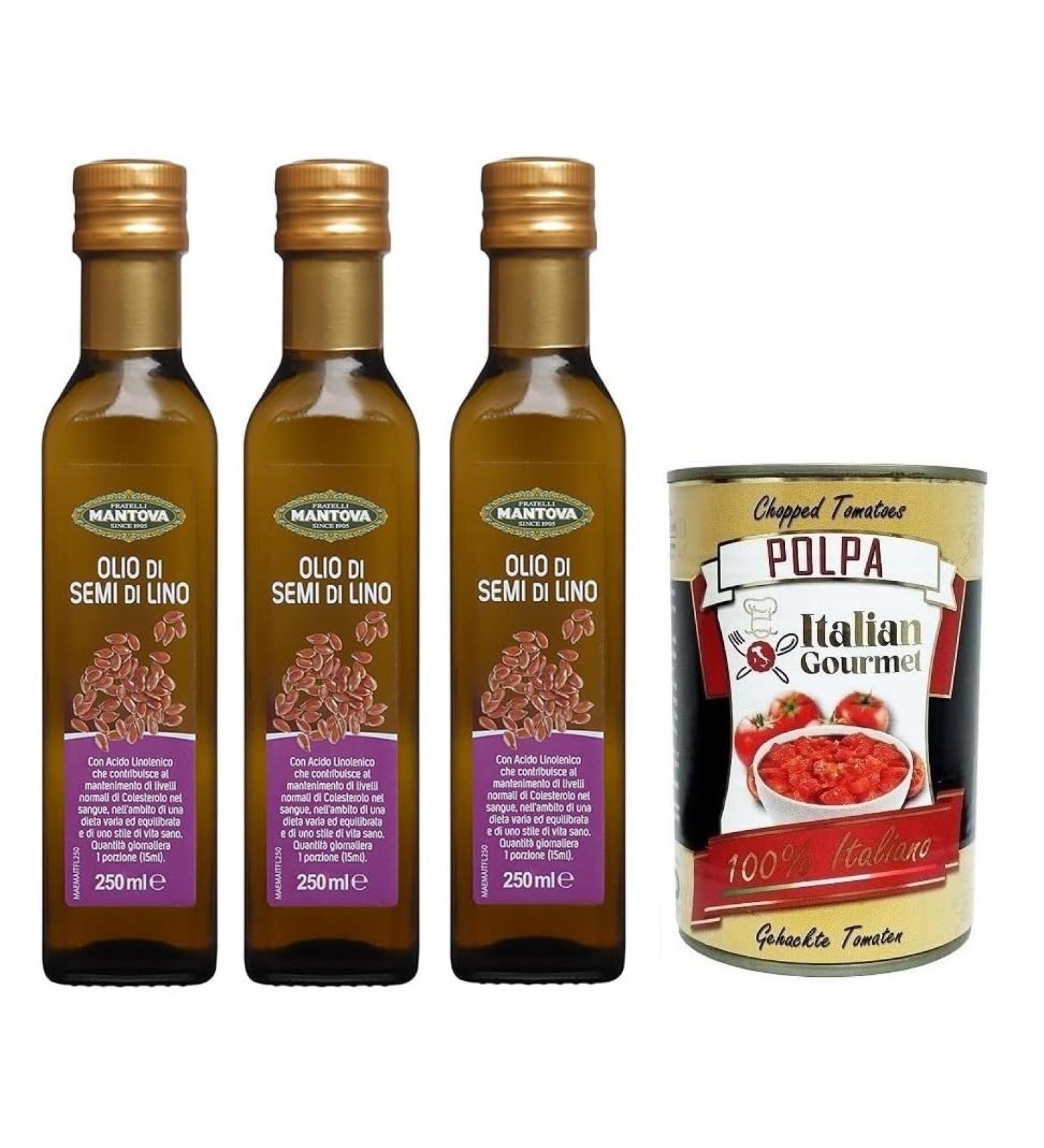  Italian Gourmet E.R. Fratelli Mantova Olio Semi Di Lino Set of 3 Flaxseed Oils Rich in Omega 3 Glass 250 ml + 400 g Box - Buy Online on GoSupps.com