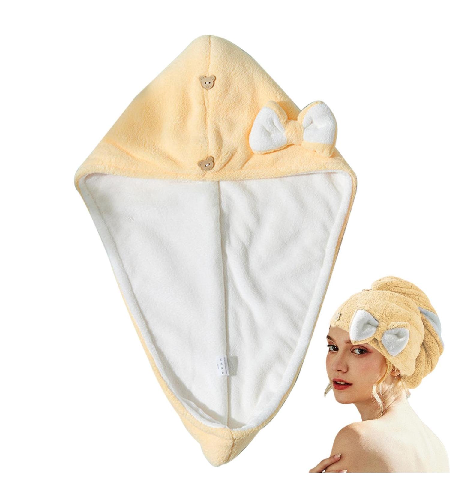 Bow Tie Hair Dryer Cap & Coral Fleece Towel Wrap - Thick Water-Absorbing Hair Drying Hat for Women & Girls - Yellow - Buy Online on GoSupps.com