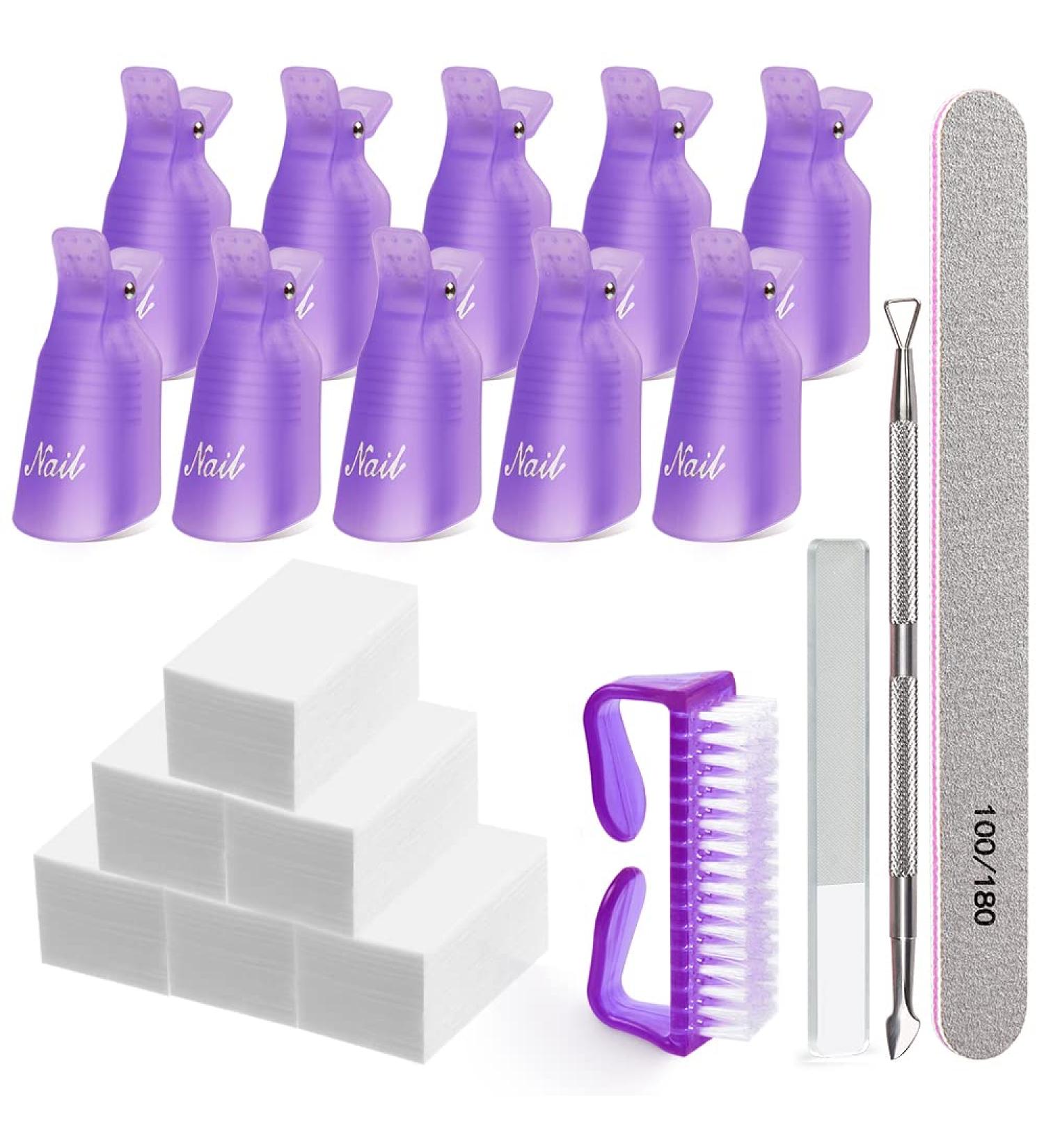 Gel Polish Remover Kit - MORGLES 10pcs Nail Remover Clips, 300pcs Nail Wipe Cotton Pads, Nano Glass Nail File, Cuticle Pusher, Grit 100/180 Nail File, Brushes - Purple - Buy Online on GoSupps.com