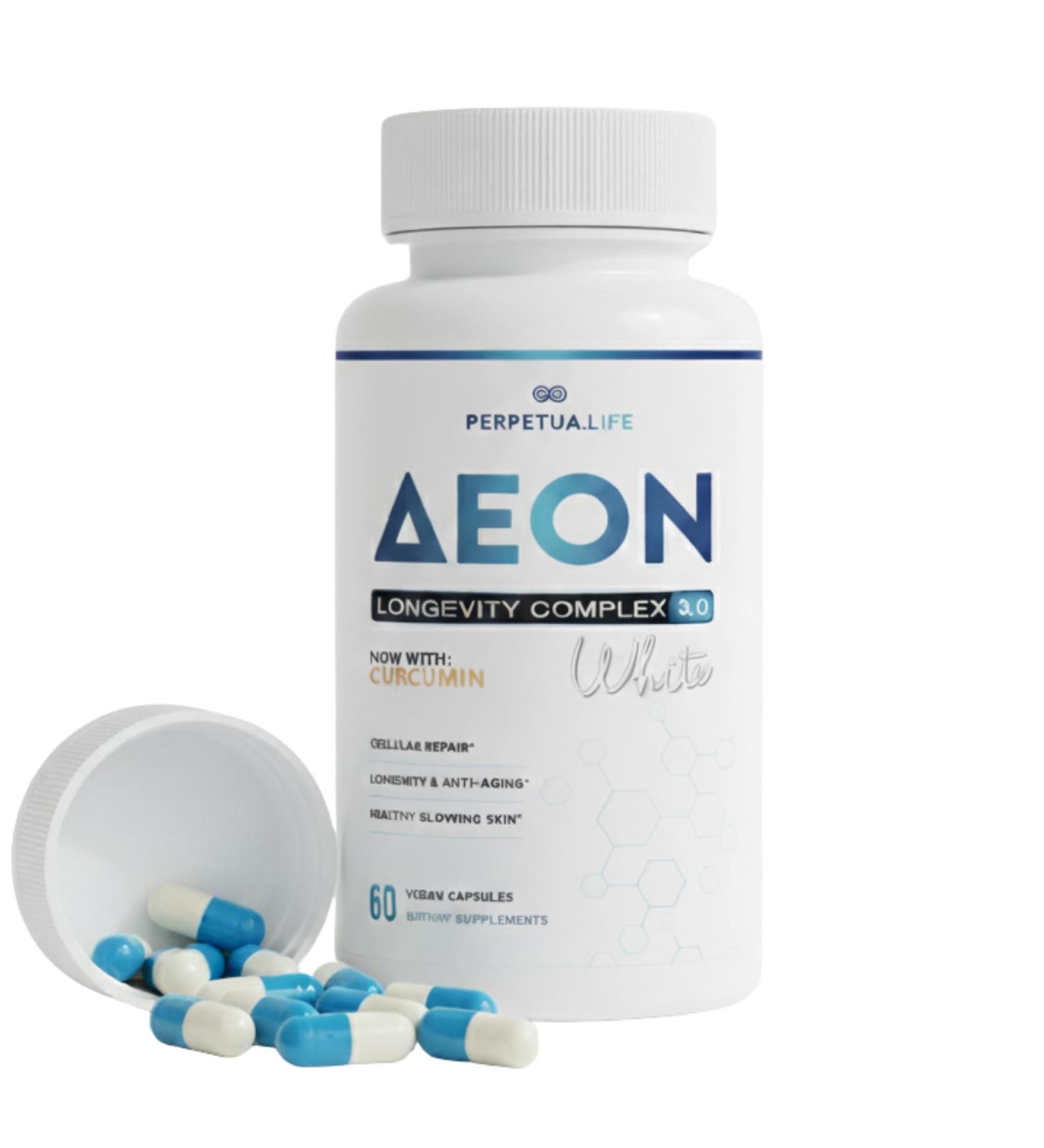PERPETUA.LIFE AEON Longevity Complex White, Supplement with Curcumin, NMN (Nicotinamide Mononucleotide), AKG, Glycine & Taurine, Supports Healthy Aging, Energy & Immune System, Vegan, 60 Capsules - Buy Online on GoSupps.com