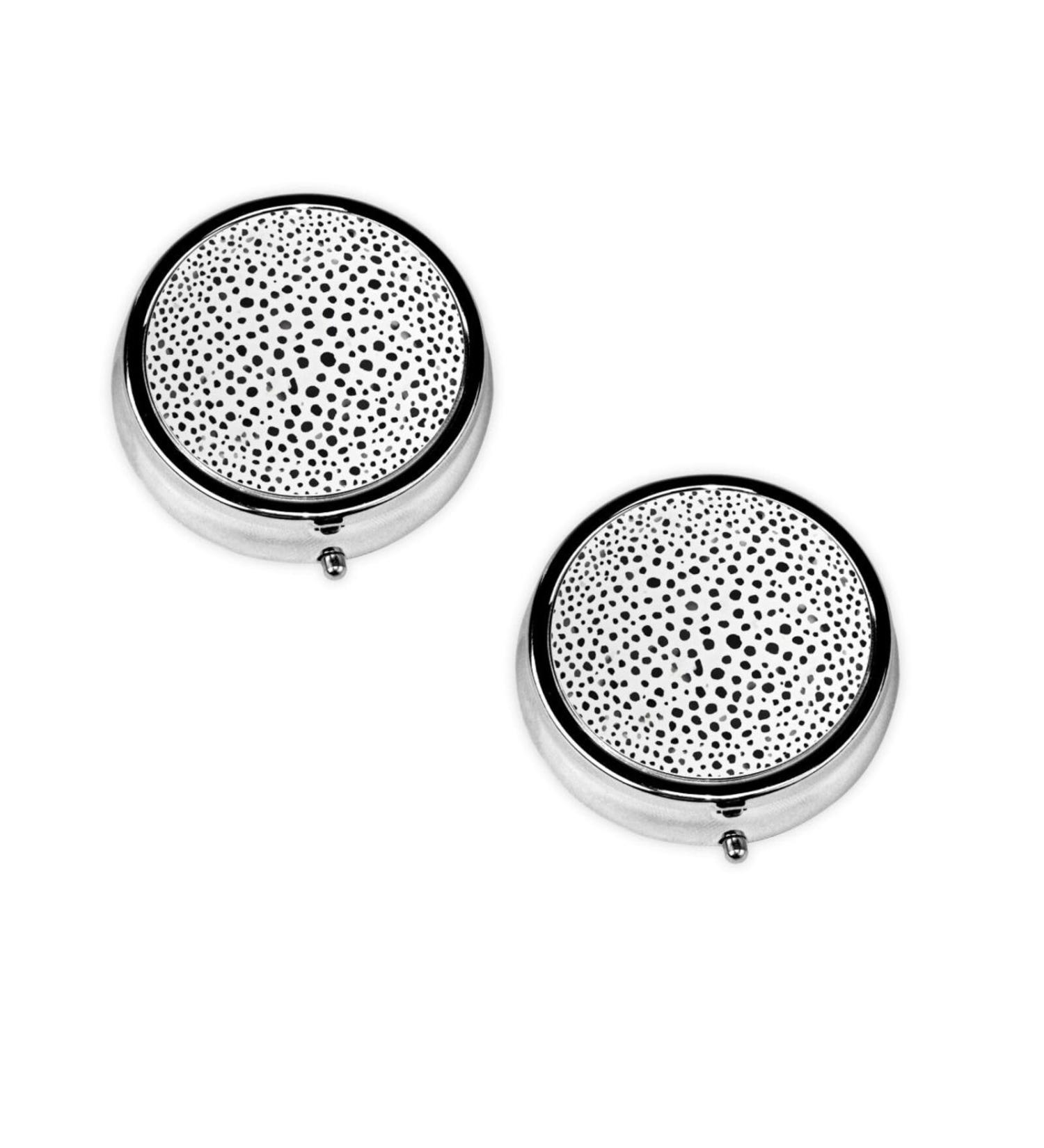 Shop Stylish Black & White Dot Round Pill Box - 3 Compartment Travel Organizer for Medicine & Vitamins - Buy Online on GoSupps.com