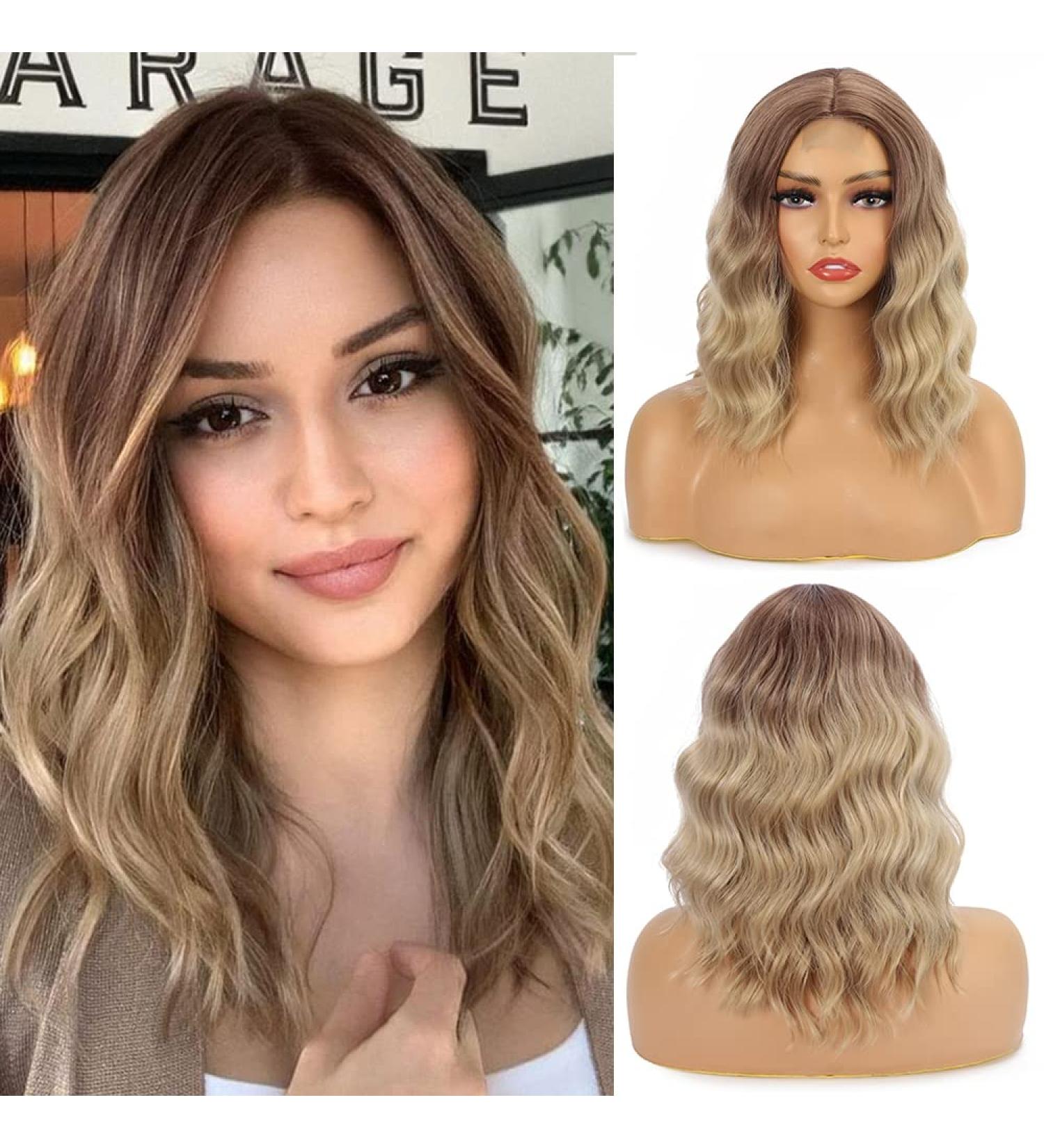 Mychanson Wavy Bob Ombre Brown Synthetic Wig 14-Inch Honey Brown Mix Light Brown Daily Use - Buy Online on GoSupps.com