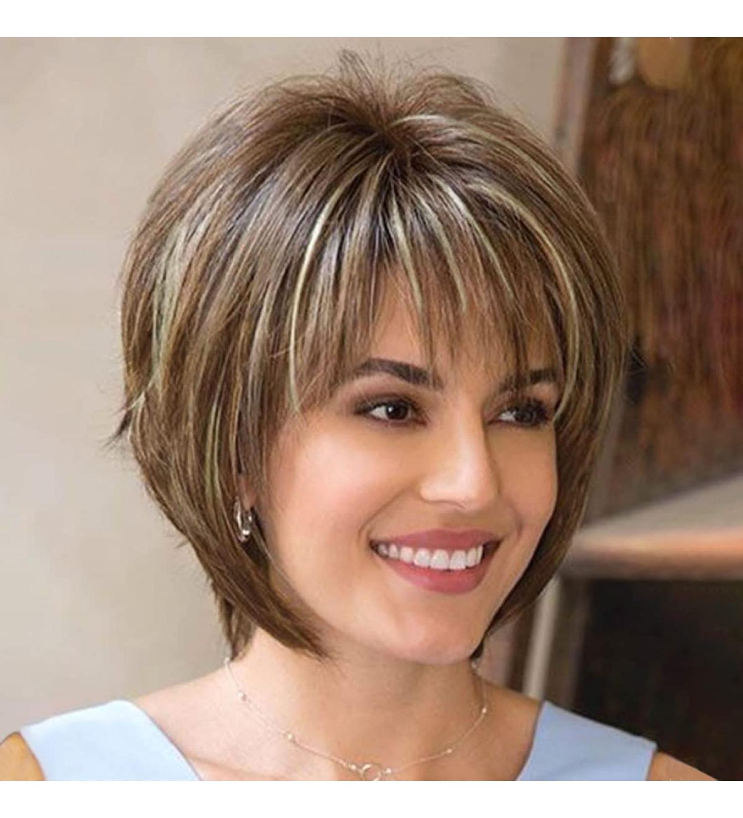 Short Brown Pixie Wig for Women - Layered Short Hair with Bangs, Natural Synthetic Fiber - Brown with Blonde Highlights - Buy Online on GoSupps.com