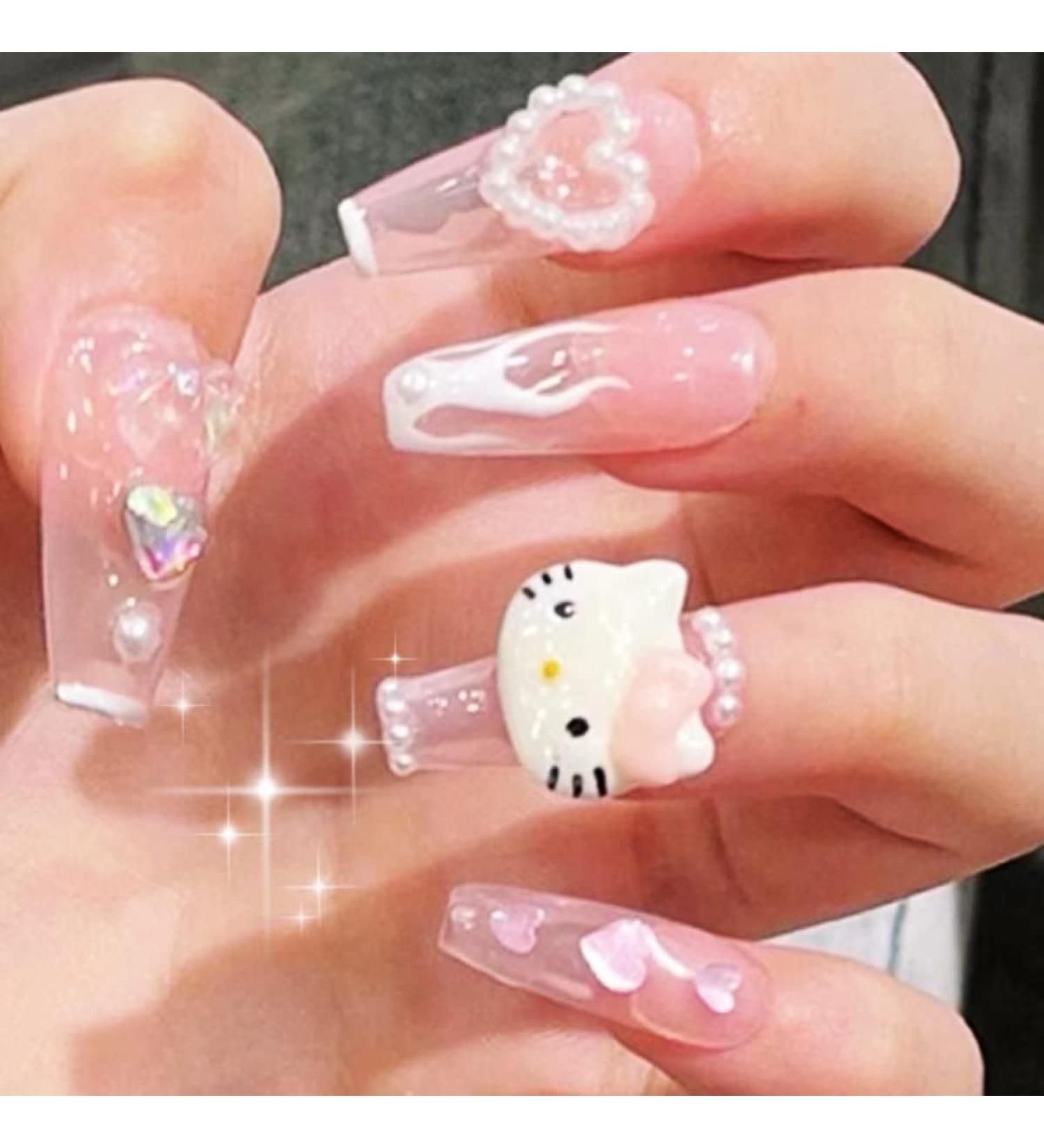 Y2K Coffin Nails Pink Kitty Kawaii 3D Cartoon Fake Nails | 24Pcs Glue-On Set by Dreamynini - Buy Online on GoSupps.com