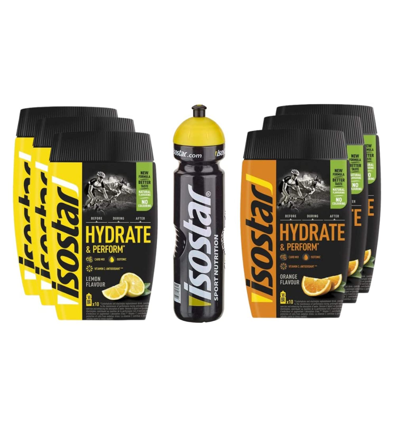 ISOSTAR Set: 3x400g Lemon & 3x400g Orange + 1L Hydration Drink | Isotonic Electrolyte Powder for Optimal Sports Performance - Buy Online on GoSupps.com