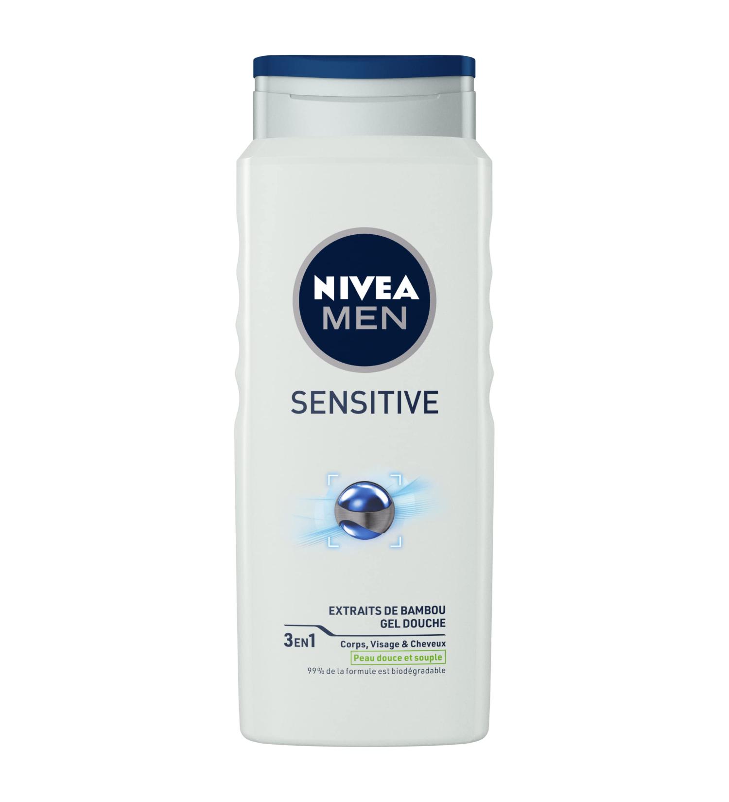 NIVEA MEN NIVEA MEN Sensitive 3-in-1 Shower Gel (1 x 500 ml) men's shower gel for sensitive skin gentle cleanser for body hair and face shower soap with bamboo extract