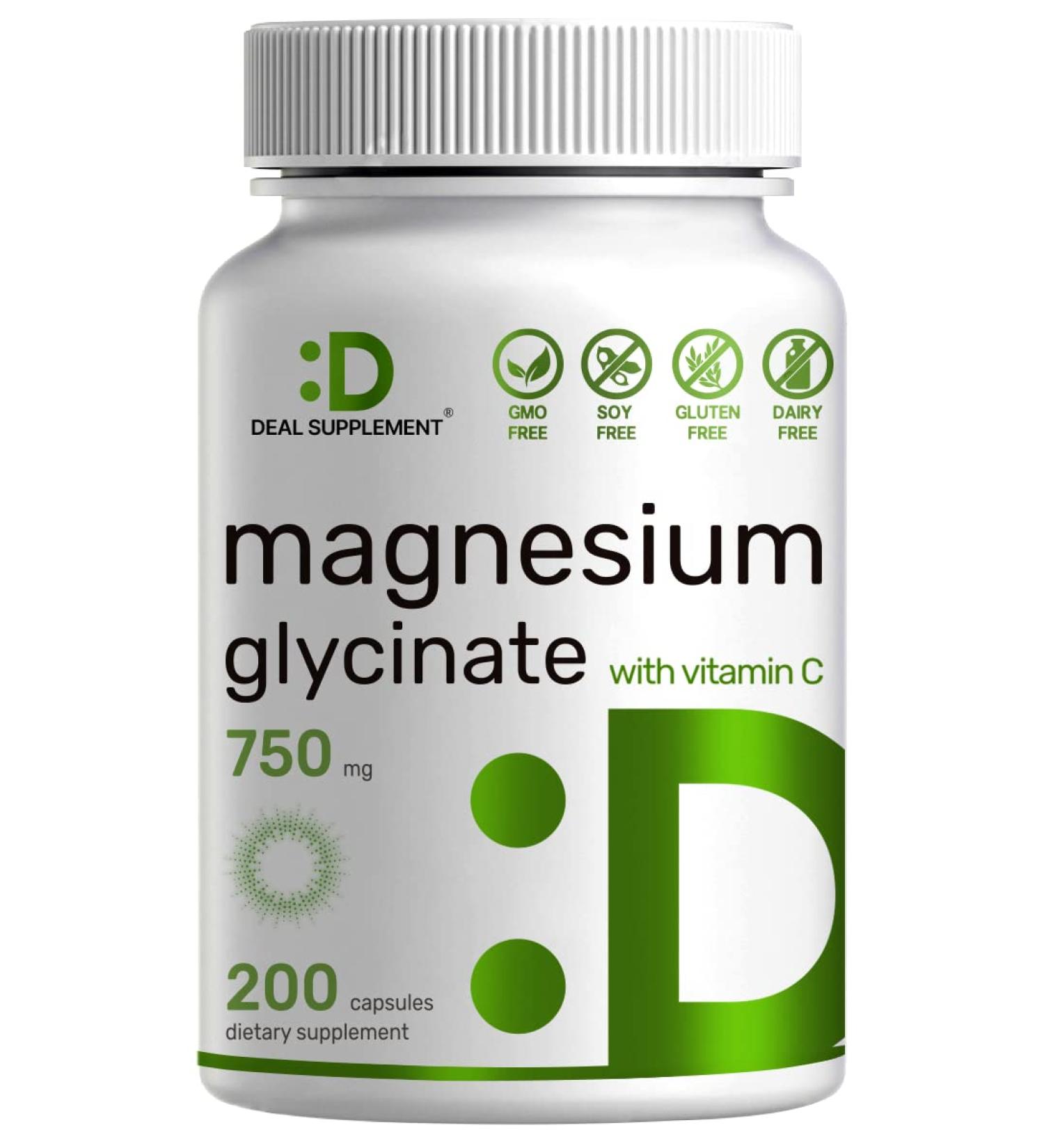 Extra Strength Magnesium Glycinate 750mg + Vitamin C 2-1 Formula | 200 Capsules | Supports Muscle, Mood, Heart | Chelated for Better Absorption - Buy Online on GoSupps.com