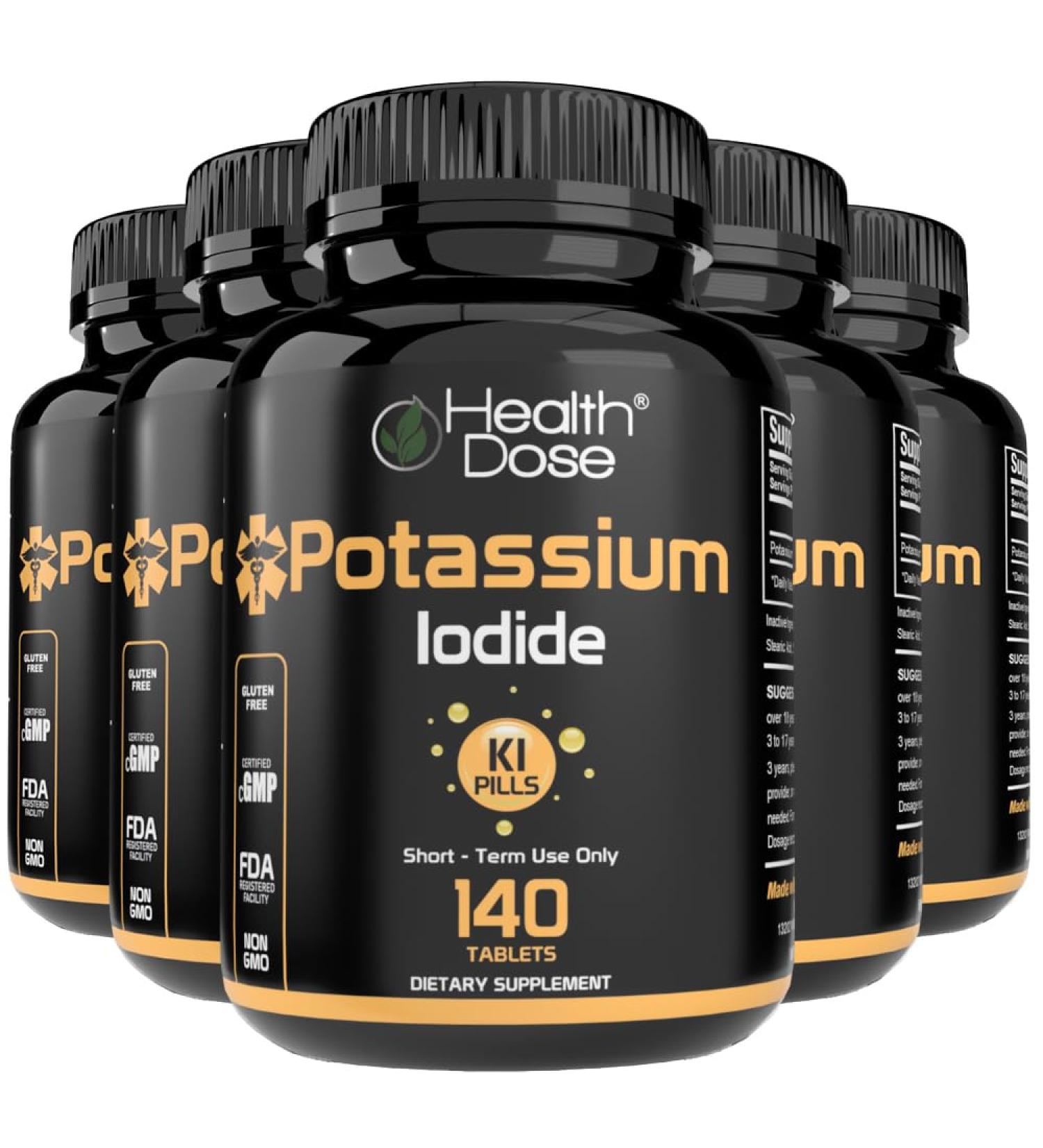 Health Dose Potassium + Iodide (KI) Tablets 130mg 140 Tablets for Thyroid Support, Cellular Metabolism & Electrolyte Balance Non-GMO, Gluten-Free, GMP Certified, 5 Pack - Buy Online on GoSupps.com