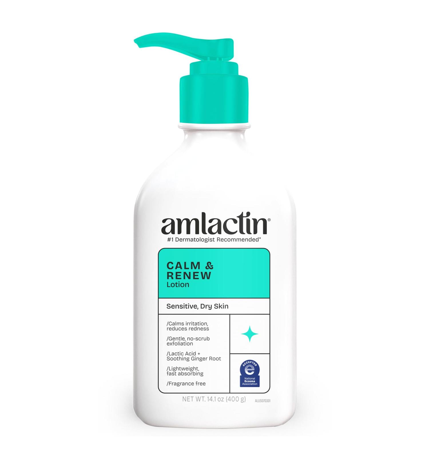 AmLactin Calm & Renew Lotion - Therapeutic Body and Face Moisturizer for Sensitive Skin - No-Scrub Exfoliator and Body Lotion for Dry Skin with Lactic Acid AHA and Soothing Ginger Root 14.1 oz - Buy Online on GoSupps.com