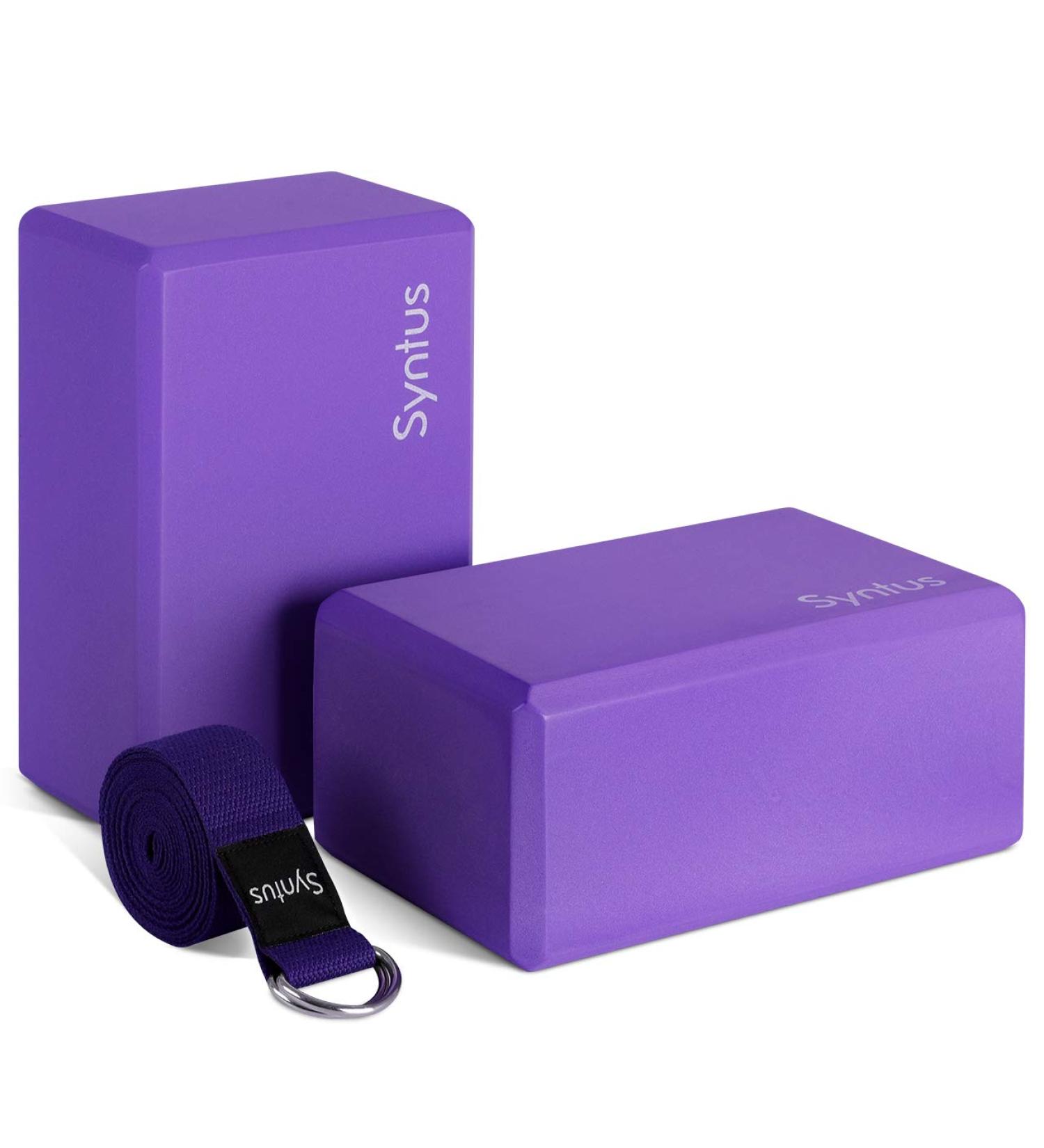 Syntus Yoga Block and Strap Set - 2 EVA Foam Non-Slip Blocks + 8FT D-Ring Strap for Yoga, Fitness, Pilates - Purple - Buy Online on GoSupps.com