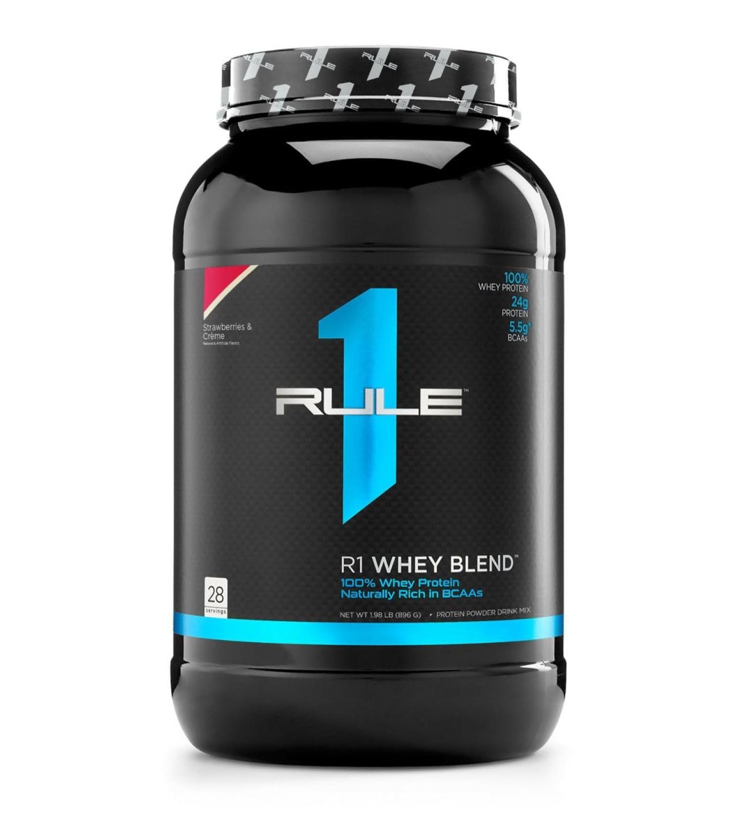 Rule 1 Whey Blend | 100% Whey Protein From Whey Concentrates Isolates & Hydrolysates | 24 Grams Protein 5 Grams BCAAs & 4 Grams Glutamine Per Serving (2LB Strawberries & Creme) Strawberries & Creme 2LB - Buy Online on GoSupps.com