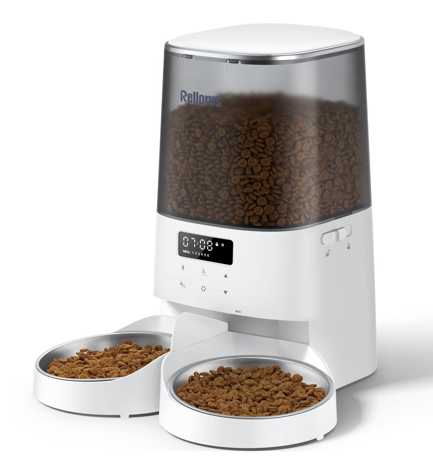 Rellorus Automatic Cat Feeders  5L Pet Food Dispenser for Two Cats  Timed Cat Feeder with Double Bowls  48 Portions 6 Meals Per Day for Cat and Dog  10s Meal Call - Buy Online on GoSupps.com