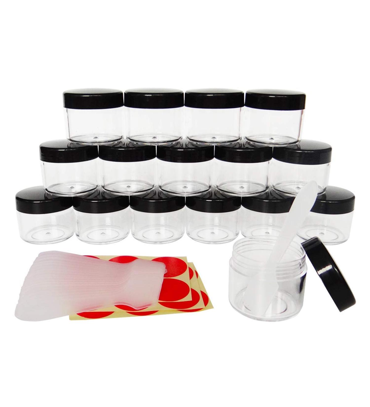 Great Foru 16-Piece Set - 20g/20ml Empty Transparent Plastic Cream Doses for Cosmetics Lip Balm Jars Nail Art with Black Screw Lid Mini Spatula & Labels - Perfect for International Shipping - Buy Online on GoSupps.com
