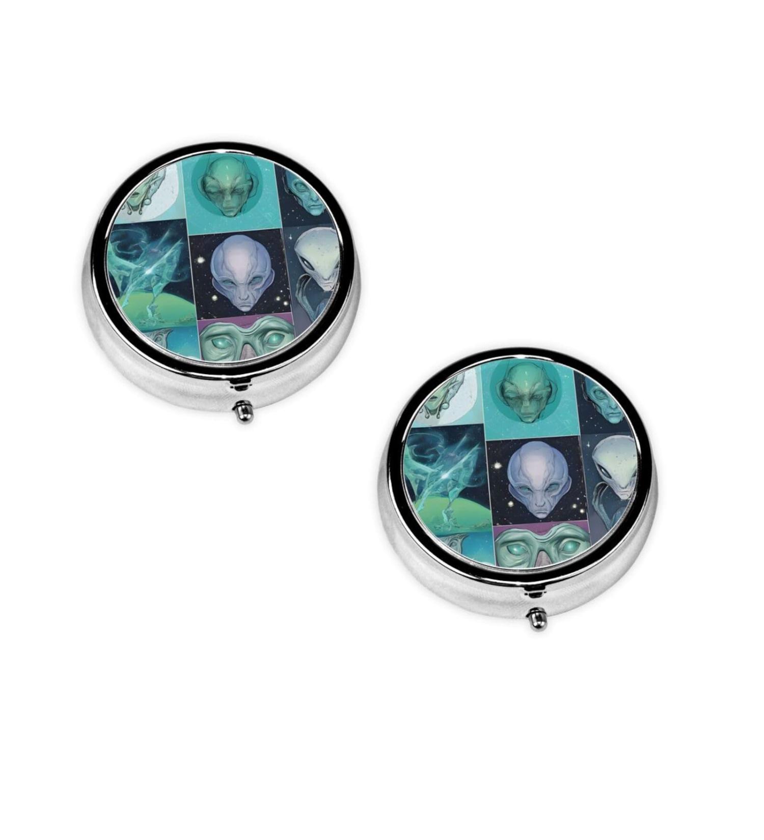 Green Alien Round Pill Box - 3 Compartment Mini Travel Organizer for Vitamins & Medicine - Portable Decorative Pocket Case - Buy Online on GoSupps.com