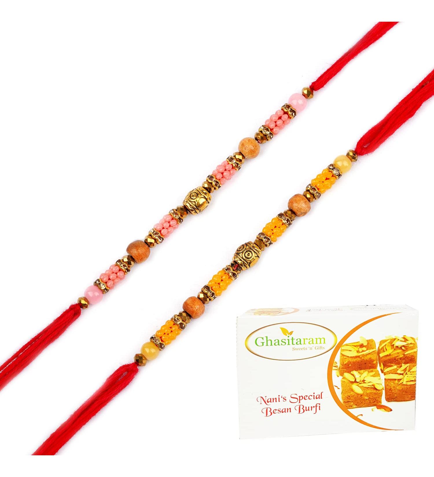 Ghasitaram Gifts Rakhi for Brother Rakhis Online - Set of 2-7090B Rakhis with 200 GMS of Besan Barfi Rakhi Set with 200 gms of Besan Barfi - Buy Online on GoSupps.com