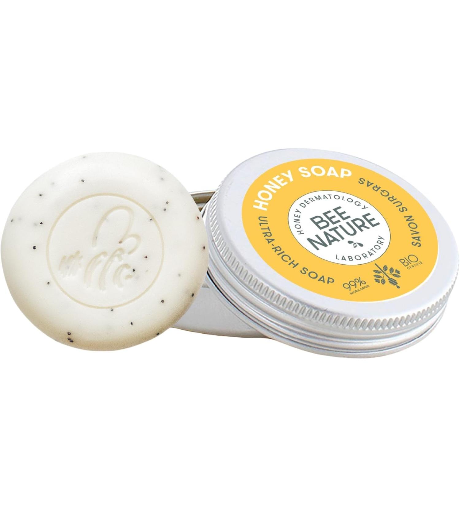 Bee Nature - 2 in 1 Exfoliating Soap with Aluminum Soap Dish - Organic Honey - Ingrown Hairs Psoriasis - Natural with Poppy Seeds - YUKA 100/100-100g - Buy Online on GoSupps.com