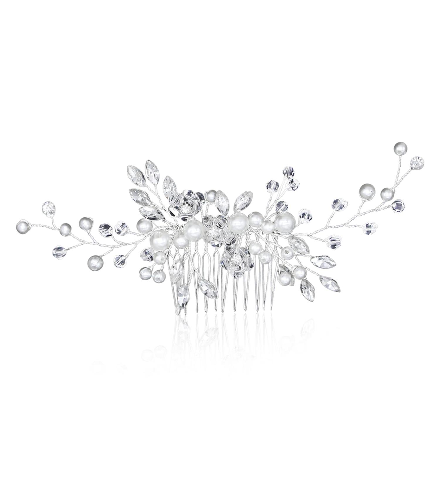 Bridal Flower Wedding Hair Comb Clip - Crystal Vine Pearl Headpiece for Bride & Bridesmaids - Rhinestone Hair Piece for Wedding, Prom & Parties (Silver/White) - Buy Online on GoSupps.com