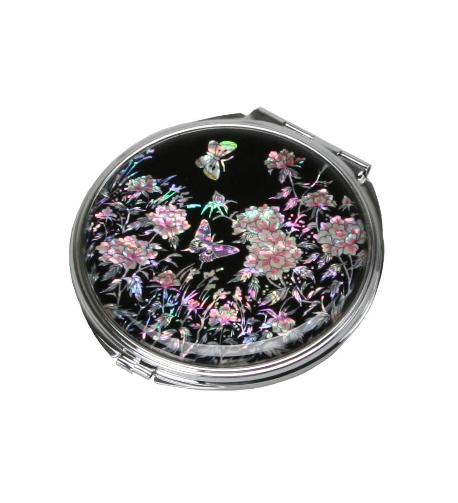 Mother of Pearl Art Deco Peony Flower Butterfly Design Double Compact Pocket Magnifying Cosmetic Makeup Round Hand Mirror - Buy Online on GoSupps.com