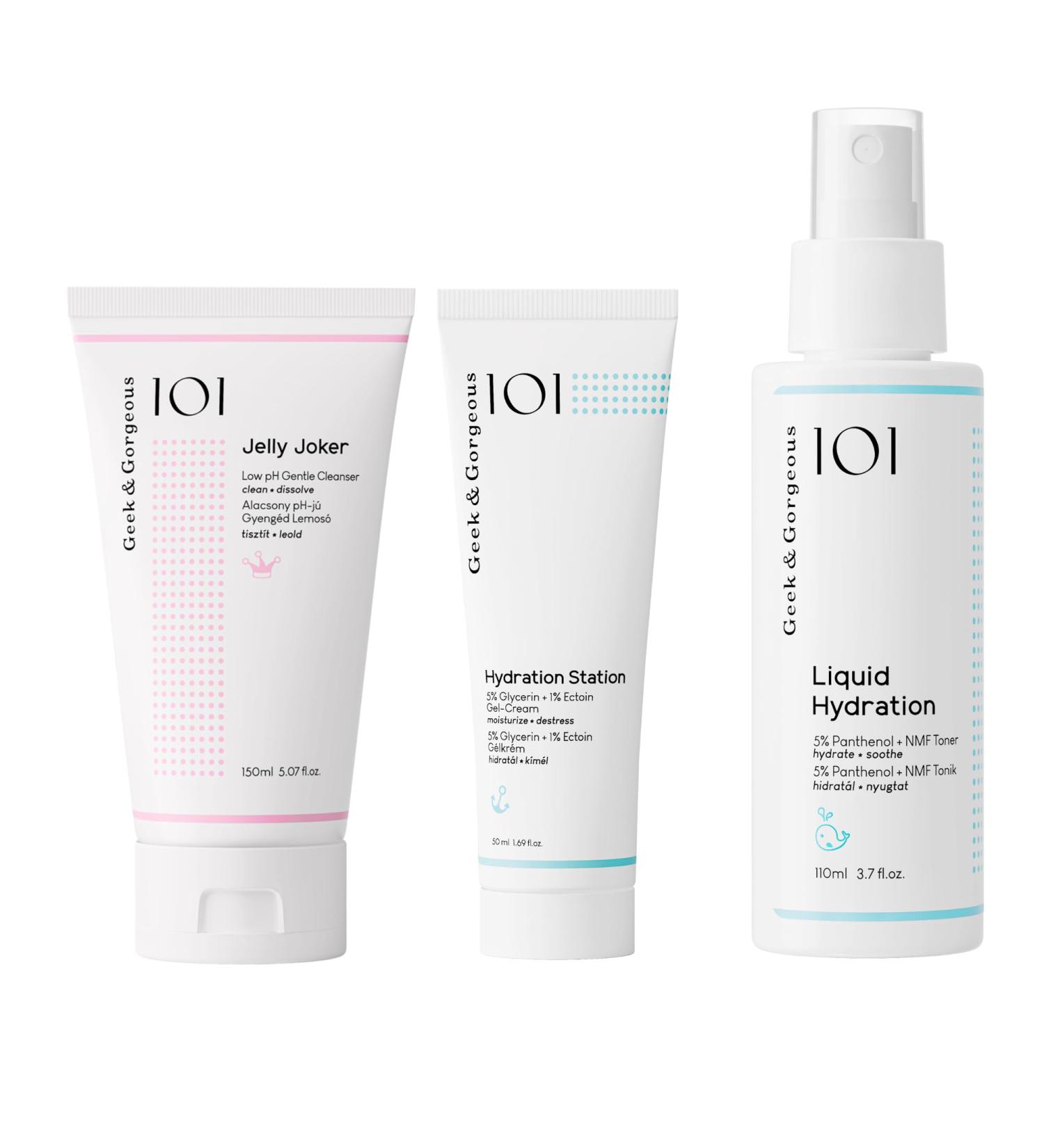 Geek & Gorgeous Summer Skin Rescue Kit Jelly Joker Cleanser Liquid Hydration Toner Mist & Hydration Station Gel Cream Ultimate Cleanse & Moisture Trio for Healthy Glowing Summer Skin - Buy Online on GoSupps.com