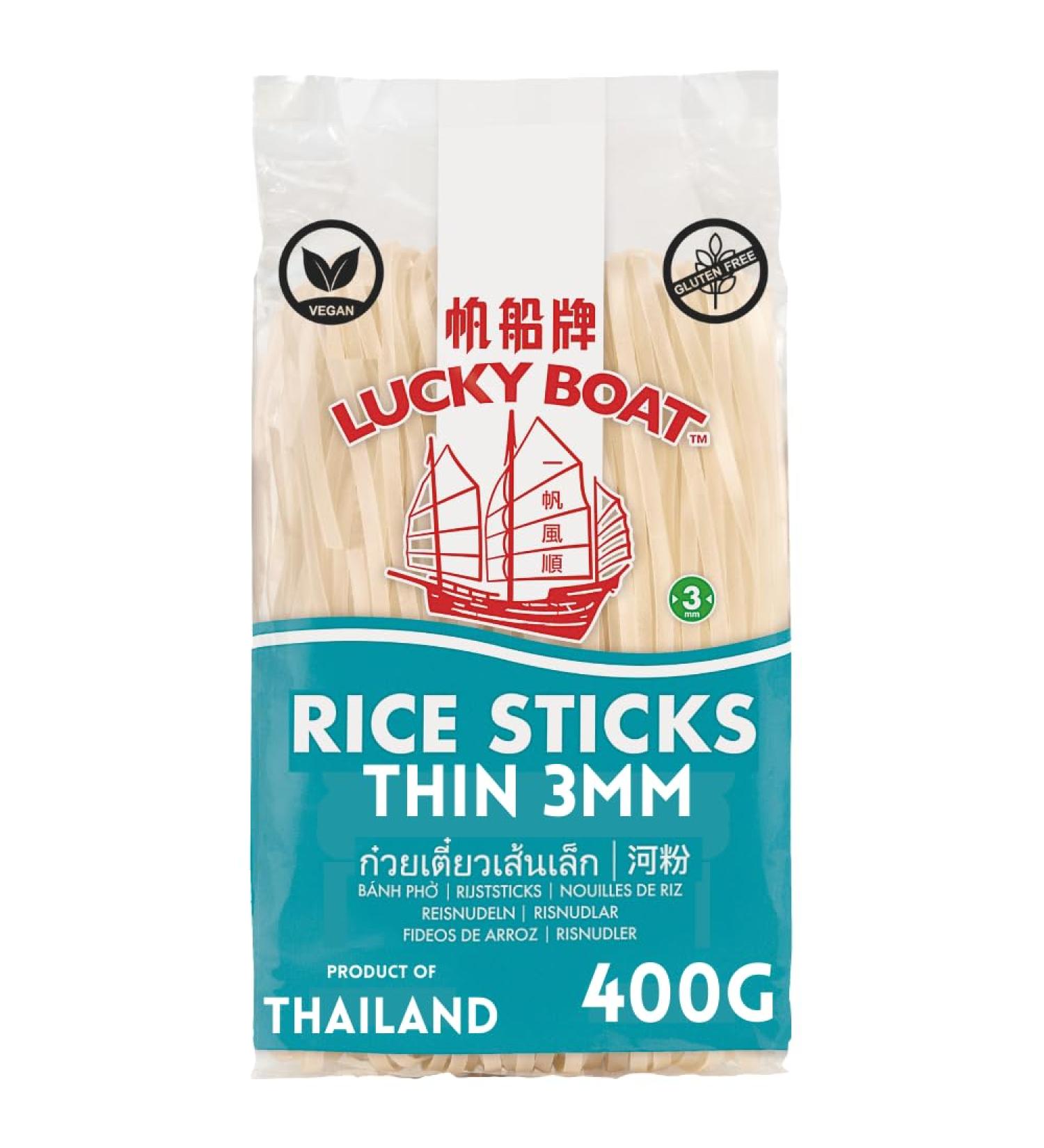 Lucky Boat Rice Noodle 400g - Thin 3mm Pad Thai Gluten-Free Noodles for Stir-Fry - Thai, Chinese & Asian Ingredients - Buy Online on GoSupps.com