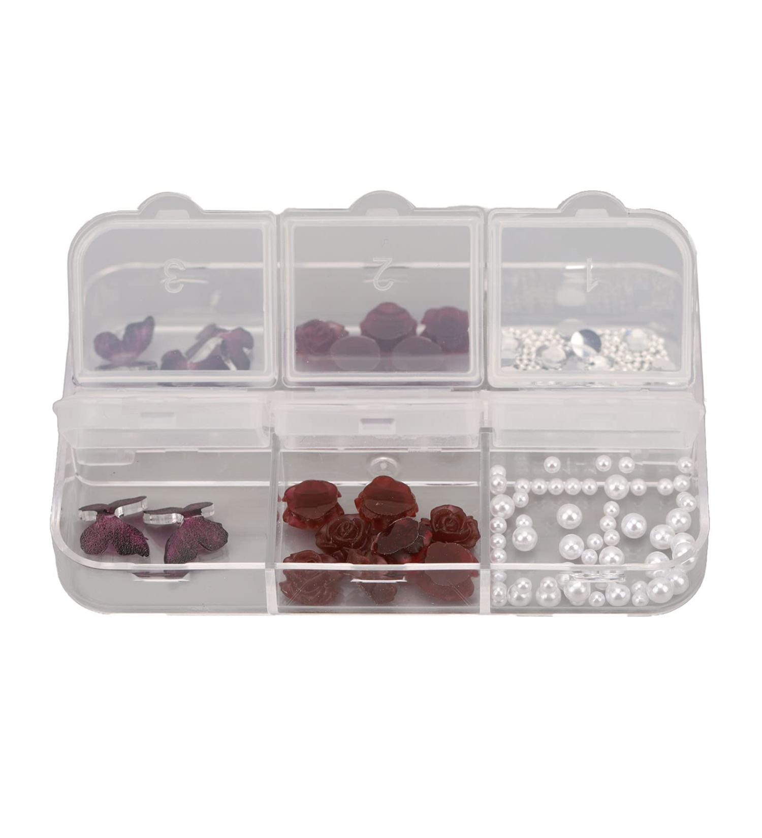Nail Art Rhinestones Kit Dark Red Butterfly Nail Charms Glittering 3D Flower Portable Nail Charms Vintage Nail Charms Kit Transparent with 6 Grid Storage Box - Buy Online on GoSupps.com
