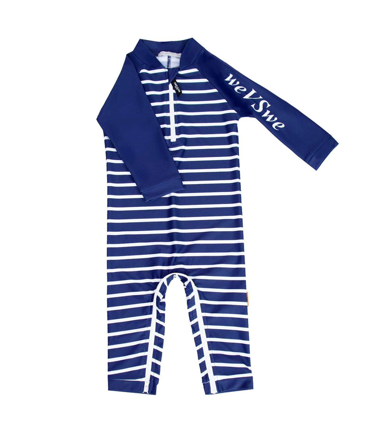 weVSwe Baby Toddler Boy Swimsuit UPF 50+ Sun Protection Rash Guard with Crotch Zipper | Navy Blue Stripes | 0-3 Years & 3 Years - Buy Online on GoSupps.com