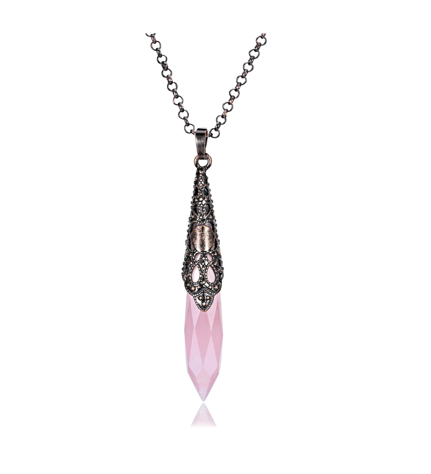 Jovivi Rose Quartz Healing Crystal Pointed Pendulum Necklace - Reiki Pendant for Divination and Wicca Balancing - Buy Online on GoSupps.com