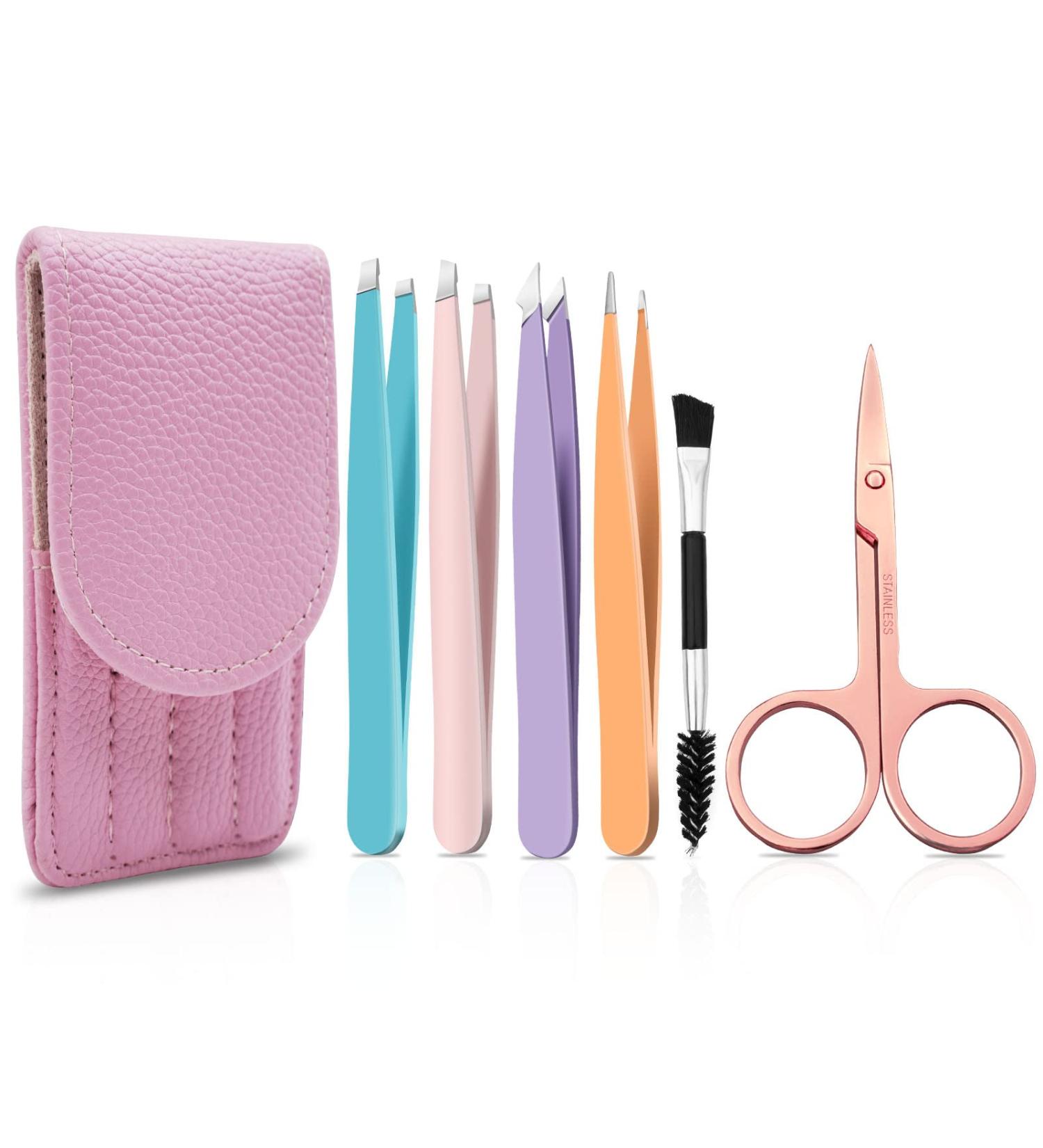 6-Piece Professional Stainless Steel Tweezers Set with Leather Case - Slanted and Pointed for Eyebrows, Facial Hair, Ingrown Hair, Blackheads - Women and Men - Colorful - Buy Online on GoSupps.com