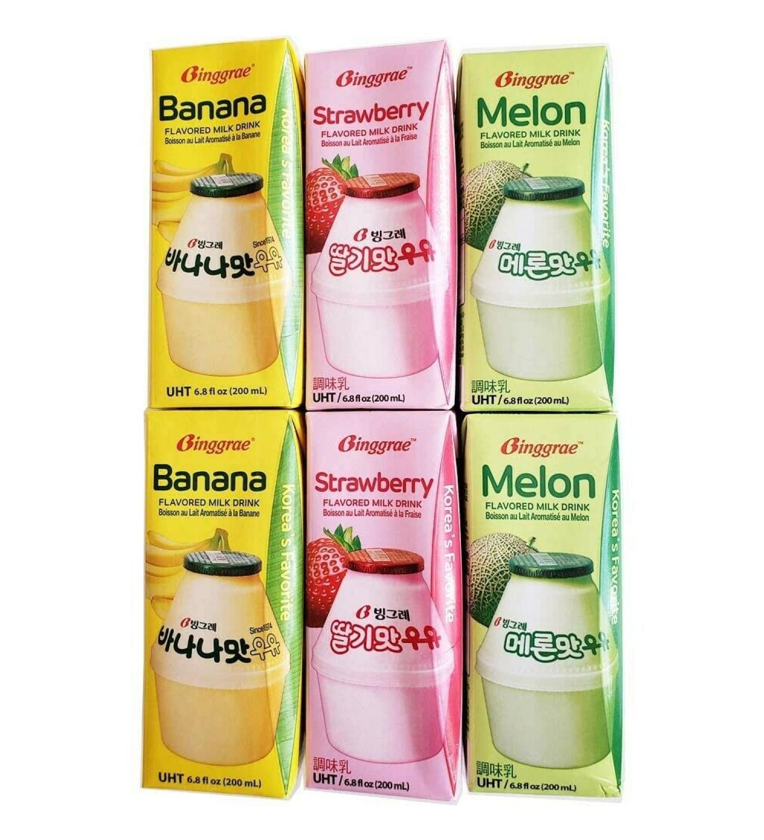 Binggrae Variety Banana, Strawberry, Melon Flavored Milk Drink 6 Packs